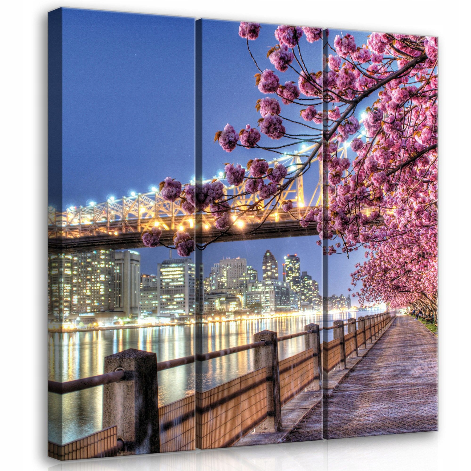 Obraz 90x100 Večerní město kvetoucí sakura most noční nábřeží světla