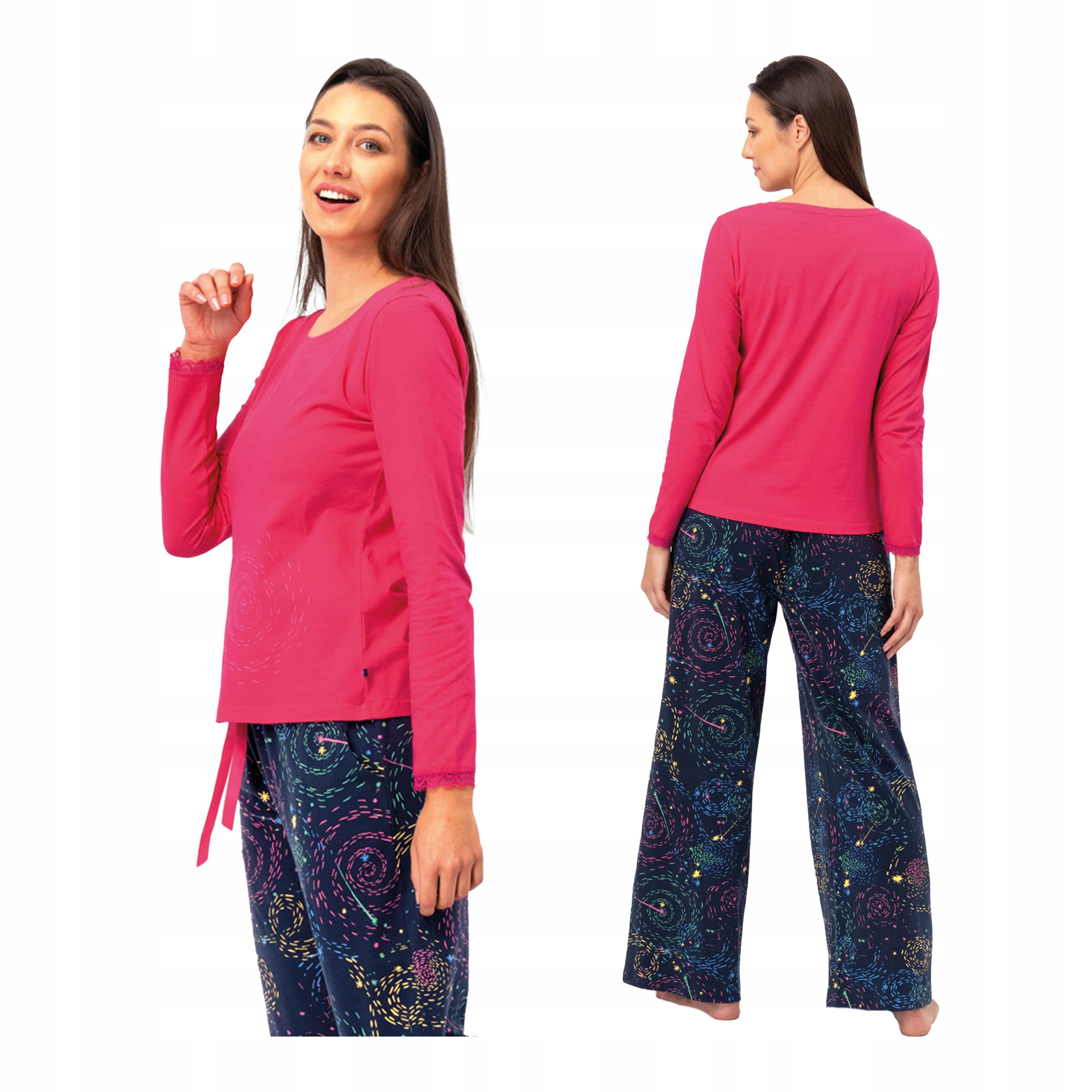 Dámské bavlněné pyžamo s dlouhým rukávem a širokými kalhotami Lns 750 Key XL