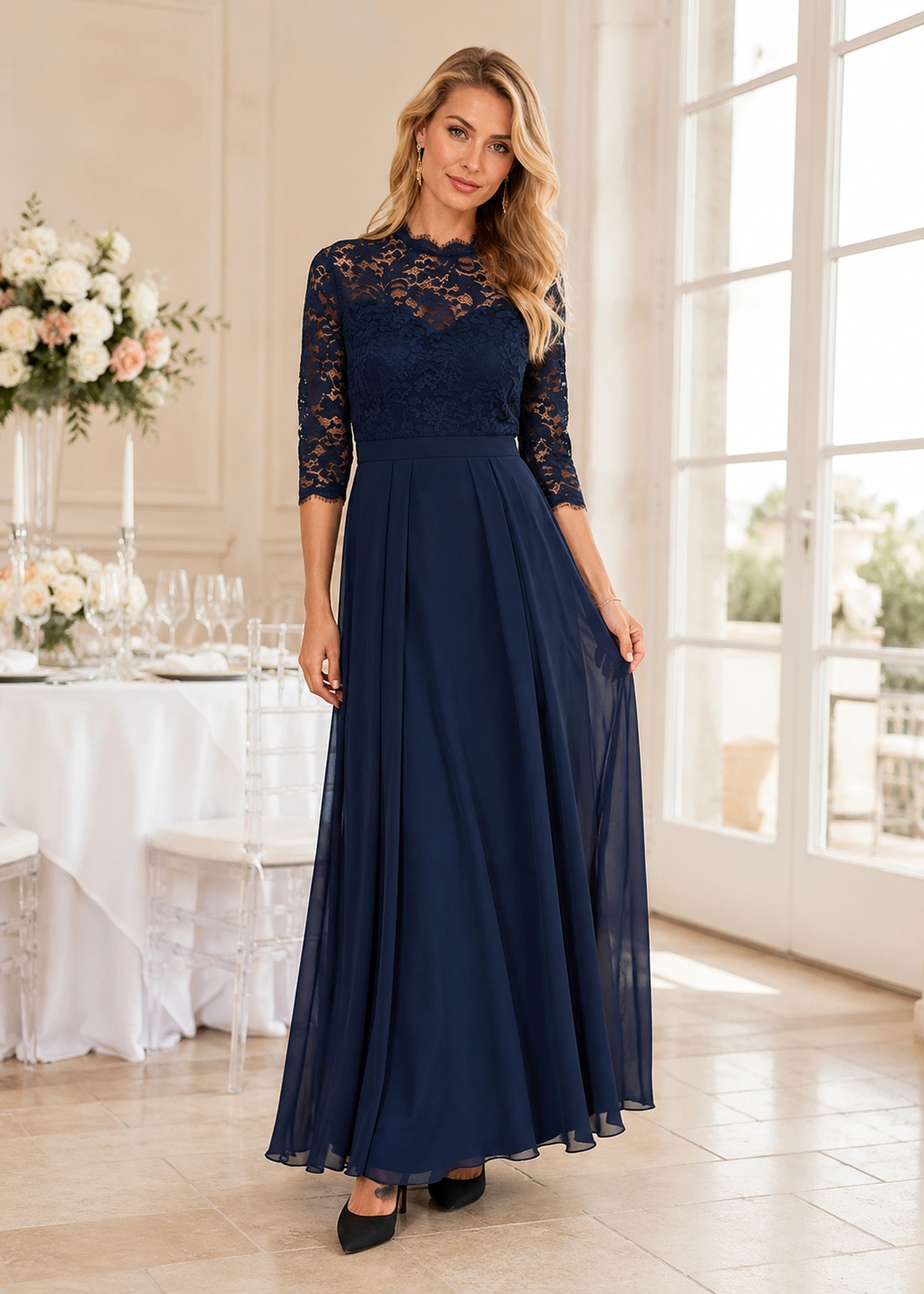 Tmavě Modrá Šaty Maxi Krajka Šifon Elegantní XL 42