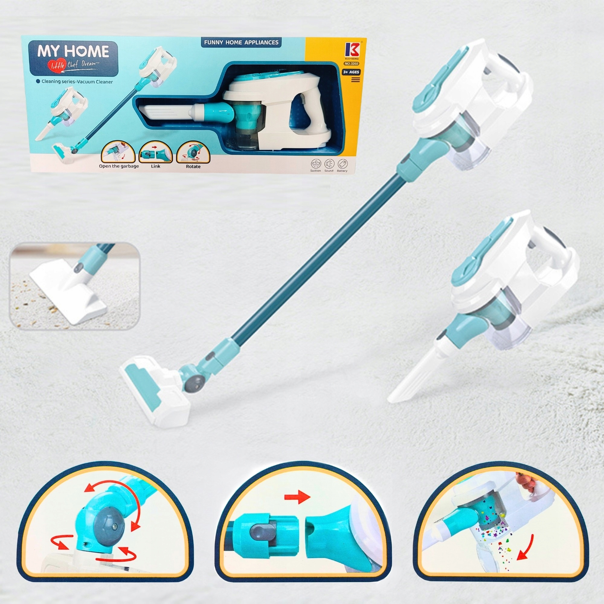 ODKURZACZ dla dzieci DŹWIĘK SSANIE ŚWIATŁO LED 4w1 Materiał plastik