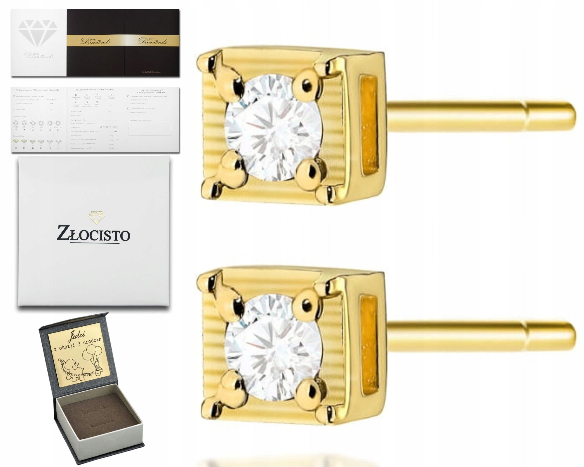 Zlaté Náušnice S Diamanty, Jemné Čtvercové Šroubovací Tyčinky