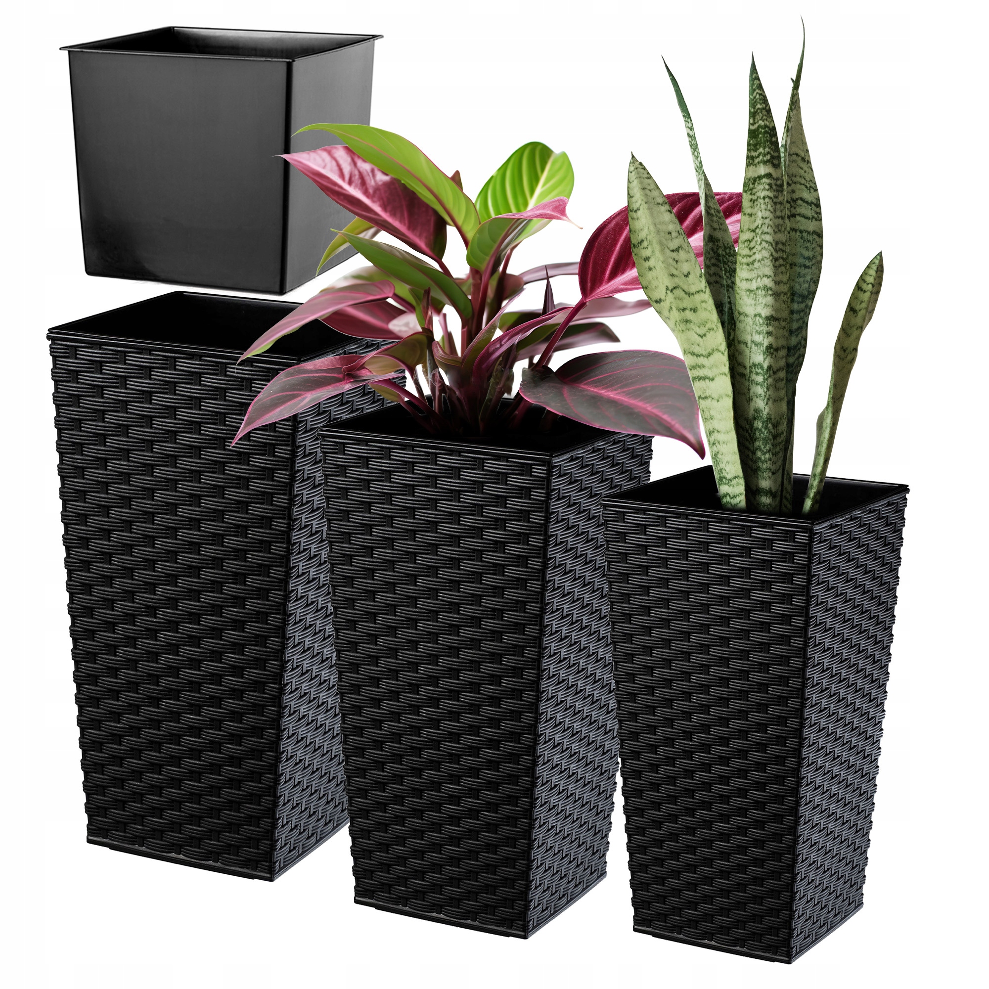 Sada 3ks Kvetináč Záhradný Vysoká Vložka Veľká Čierna 47+57+68 cm