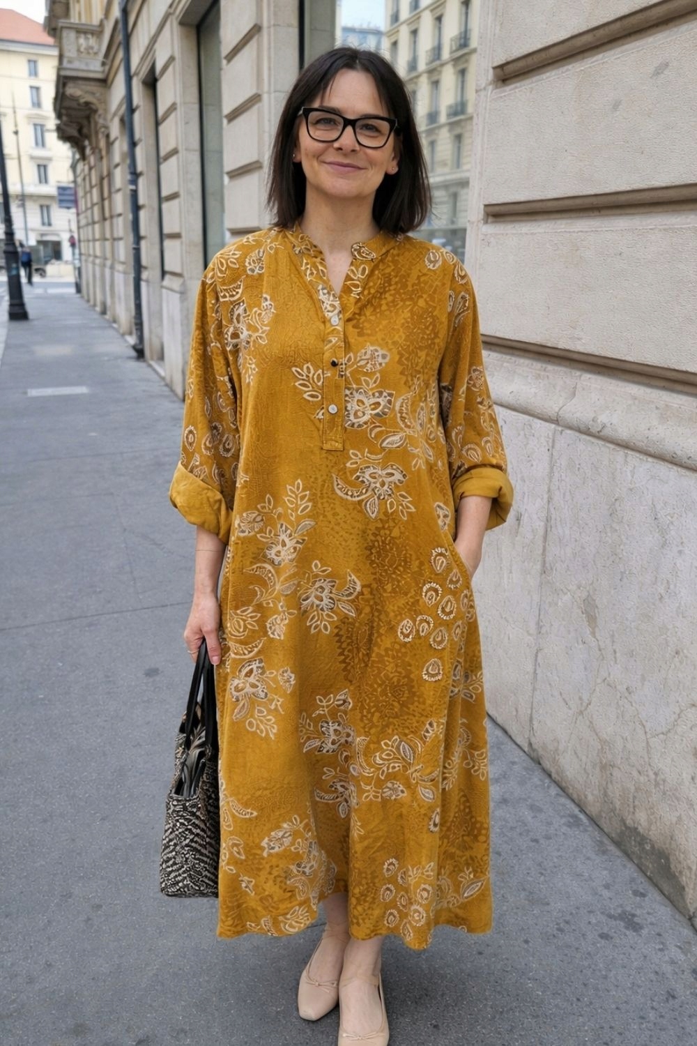 Šaty dámská hořčicová oversize vzory mandala volná manšestrová Italy