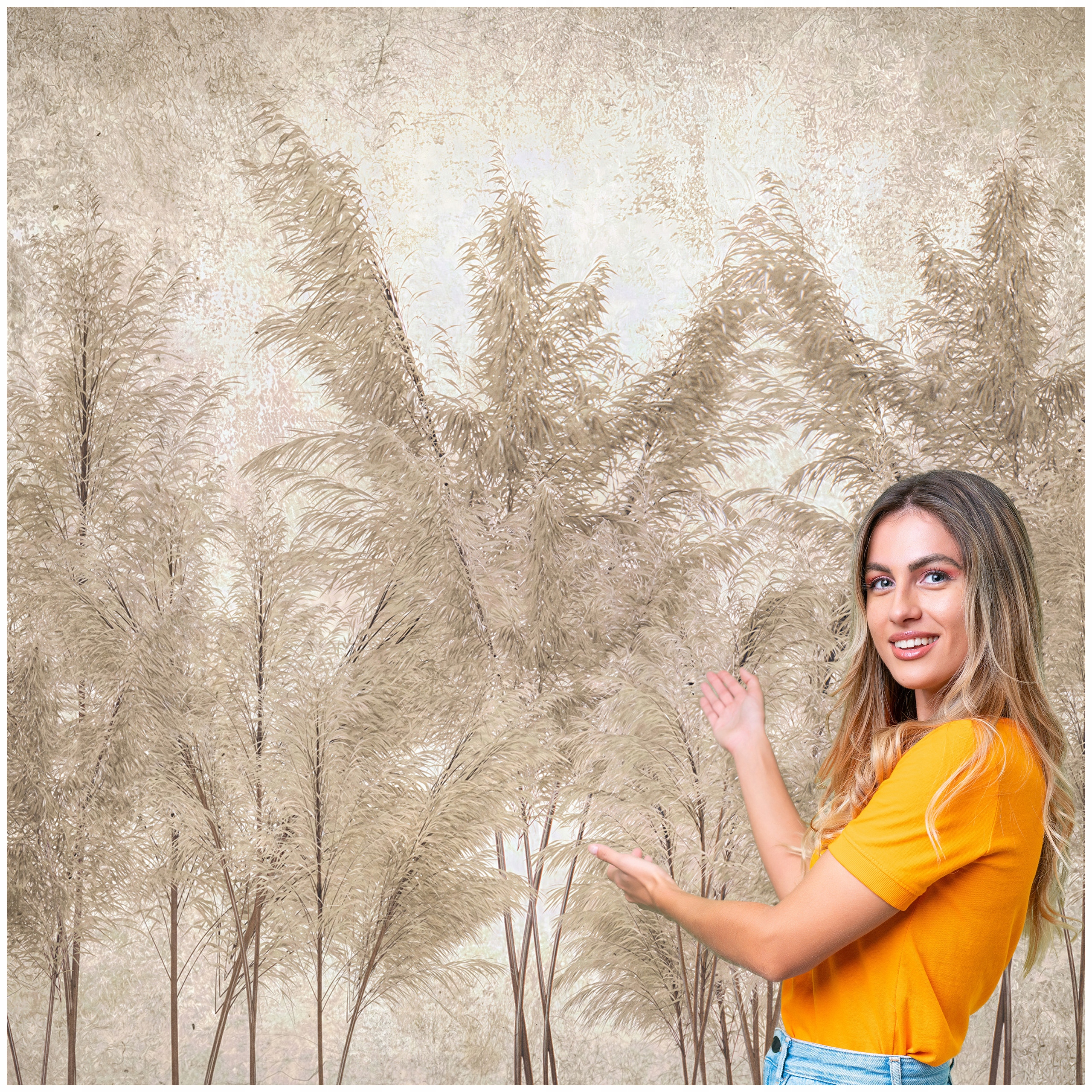 Fototapeta 3D Obývacia Izba Spálňa Boho Tráva Listy Betón Loft 588x260 BKLB05W