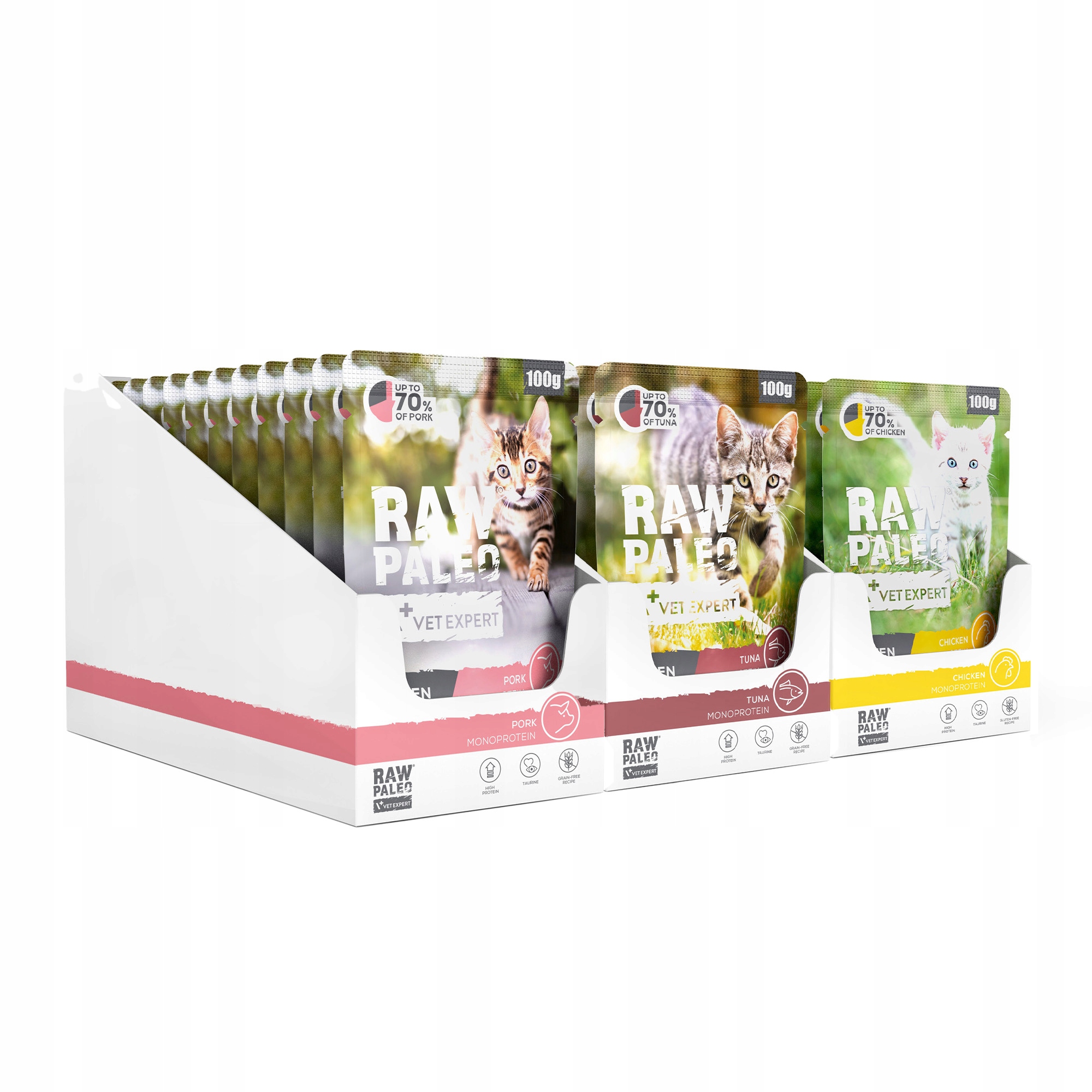 Mokra karma dla kociąt Raw Paleo Kitten Cat Chicken Pork Tuna zestaw 36x100