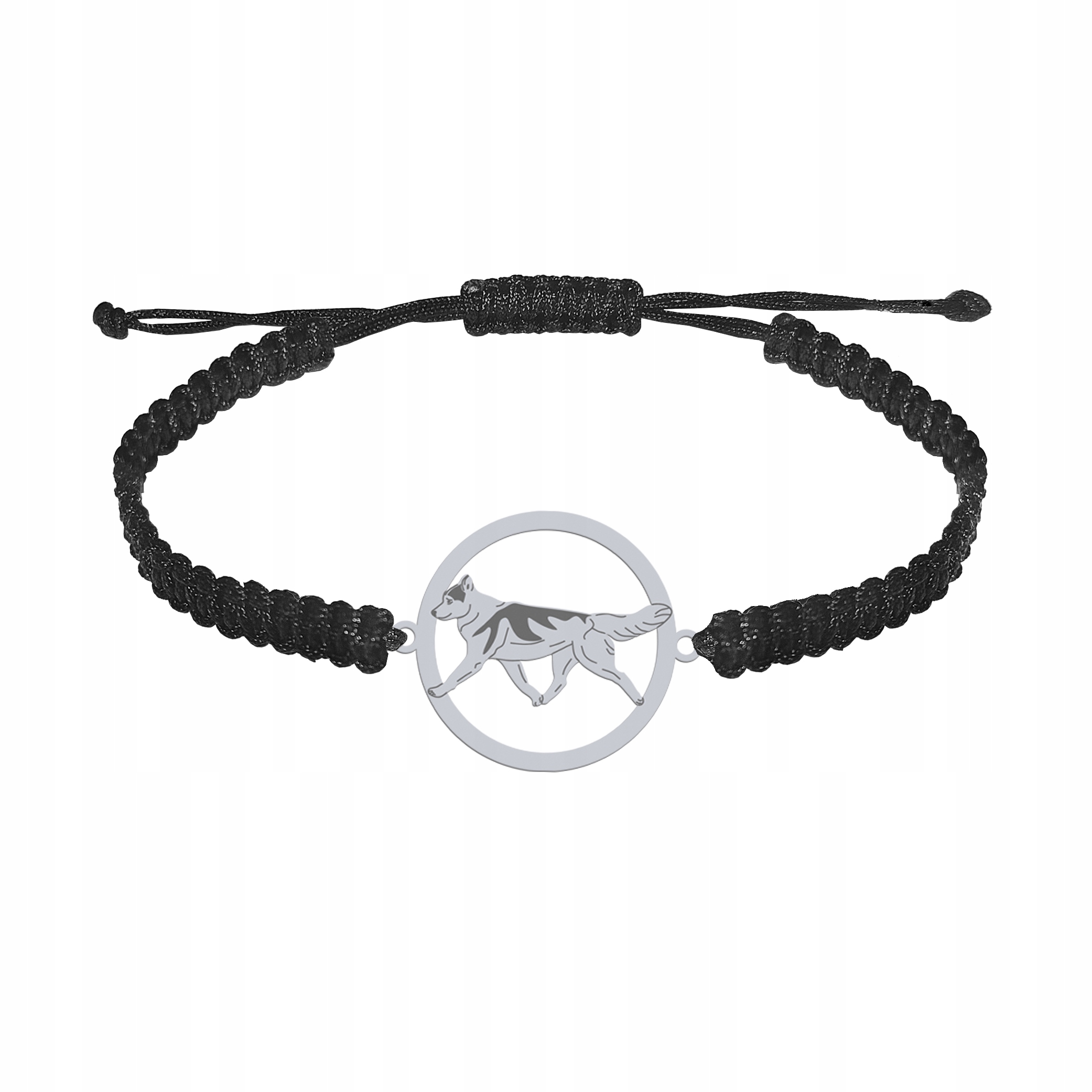 Stříbrný náramek se psem Siberian Husky 925 Makramé Gravírování Dedikace