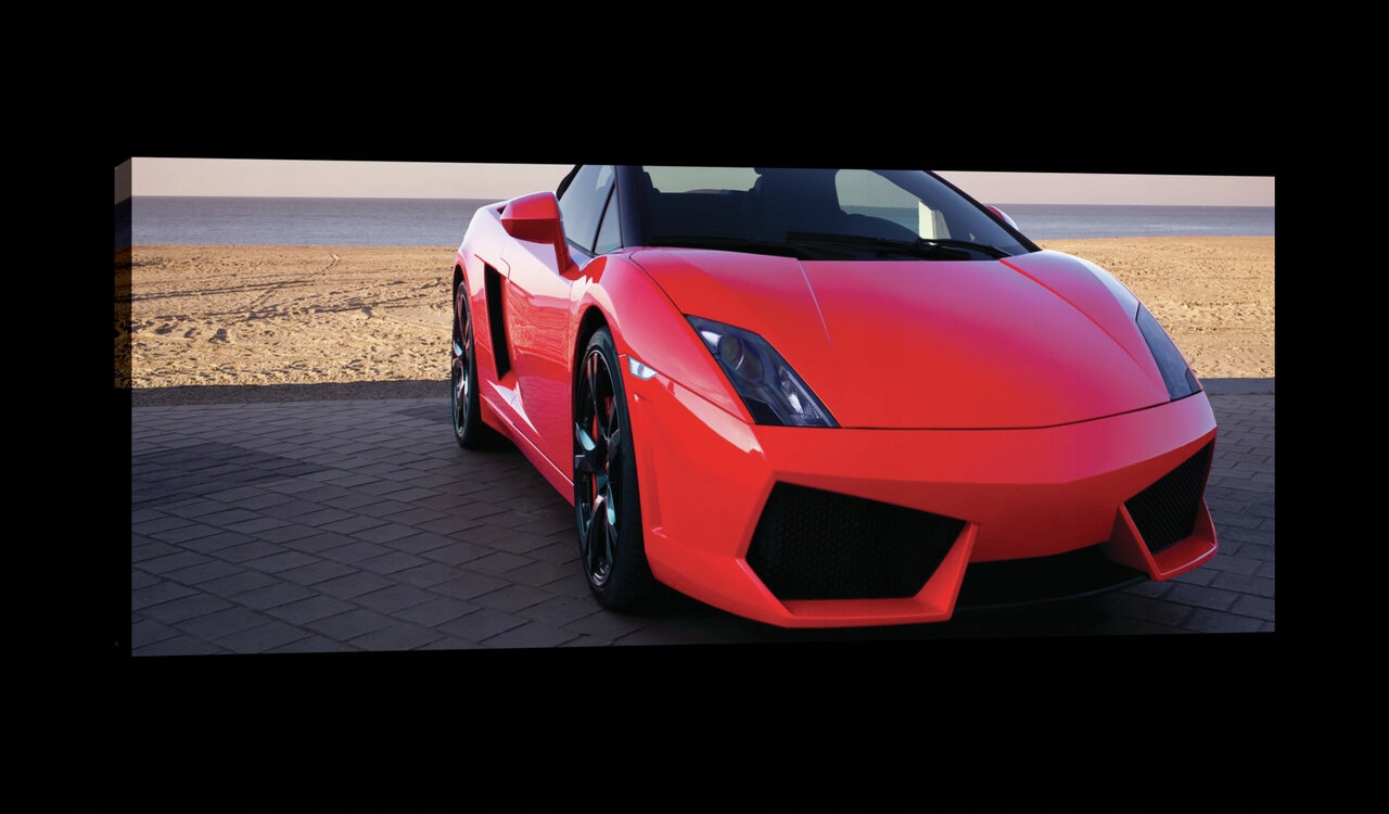 Obraz 145x45 Sportovní vůz červený Lamborghini pláž moře západ