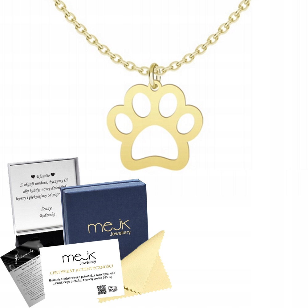 Náhrdelník Zlatá tlapka pro psa a kočku 925 Dárek Řetízek Dedikace Bonus
