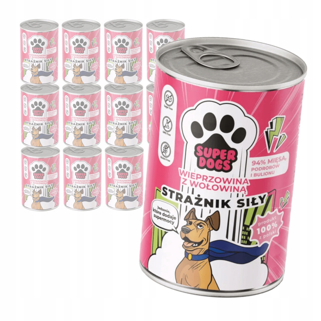 Superdogs Strážce síly 12x400g Vlhké Krmivo pro psy Vepřové s hovězím masem