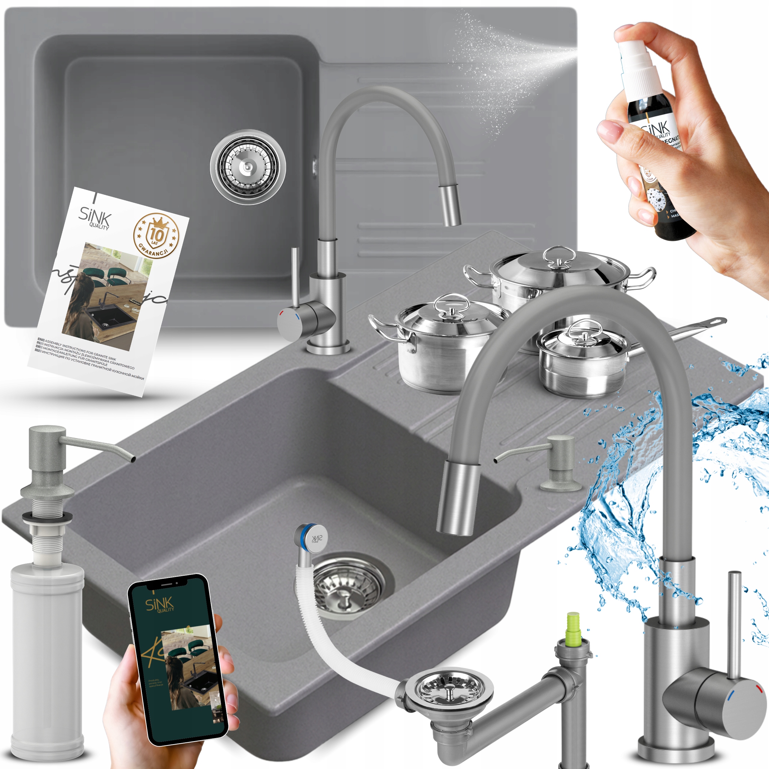 Granitový dřez Jednokomorový s odkapávačem Šedý dřez 78x44 Baterie