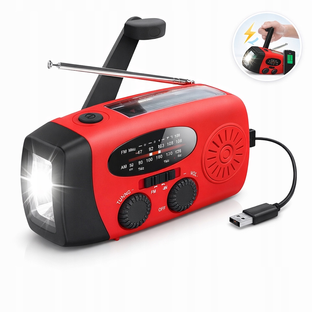 Radio Solarne Tranzystorowe Korbka Awaryjne Powerbank Latarka Preppers 3W1