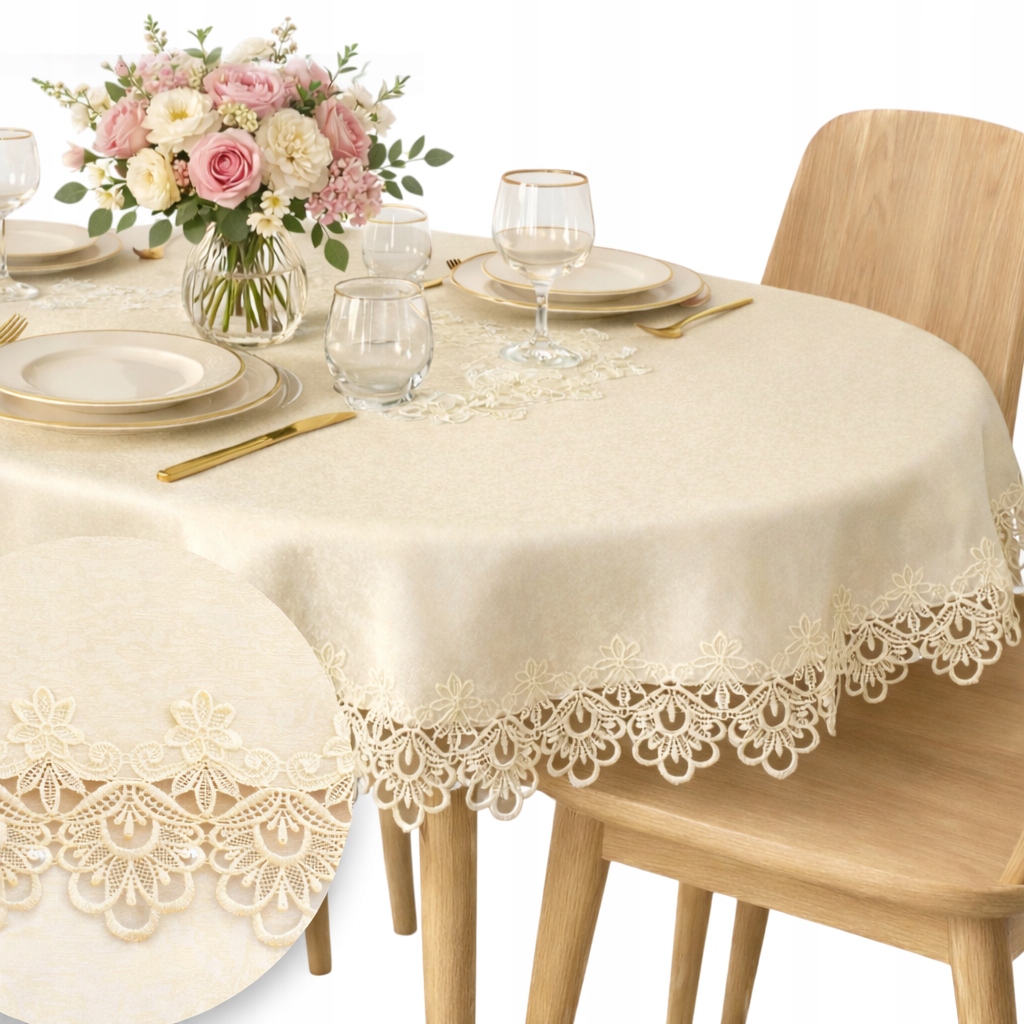 Obrus Owalny na stół boho koronkowy krem z gipiurą 130x180 ecru