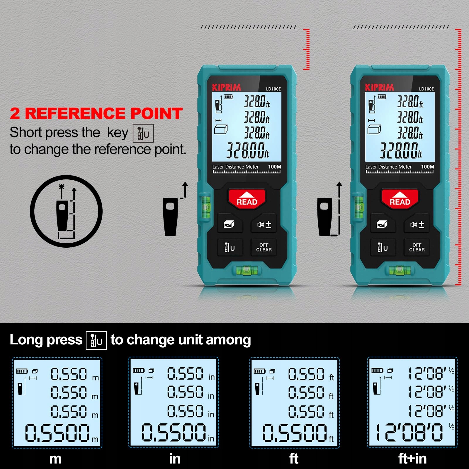 KIPRIM Laserowy Dalmierz 100m Wysoka Dokładność LCD Przełącznik ft/m/in — miniatura 3