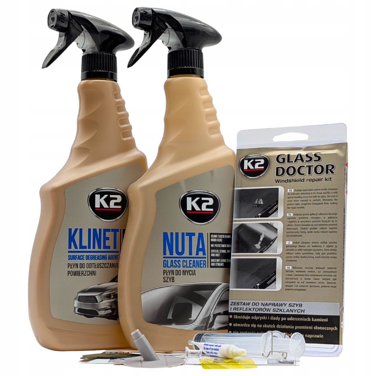 Duży zestaw do naprawy szyb samochodowych odpryskow naprawczy K2 klej auta