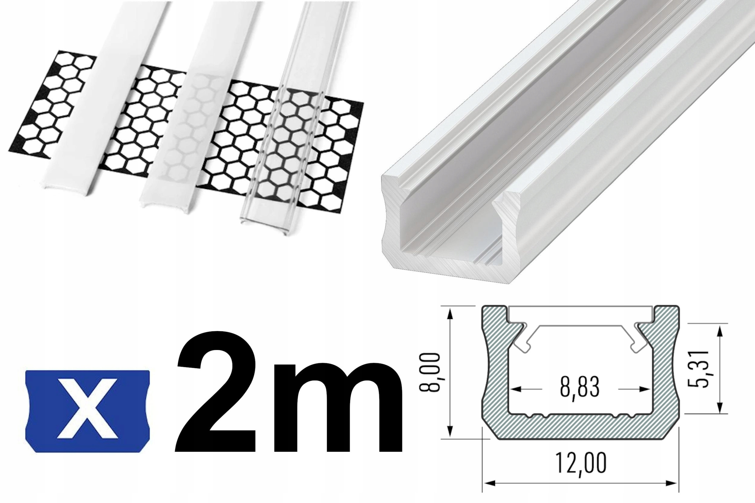 PROFIL DO TAŚMY LED WĄSKI 12mm X + KLOSZ 2m BIAŁY
