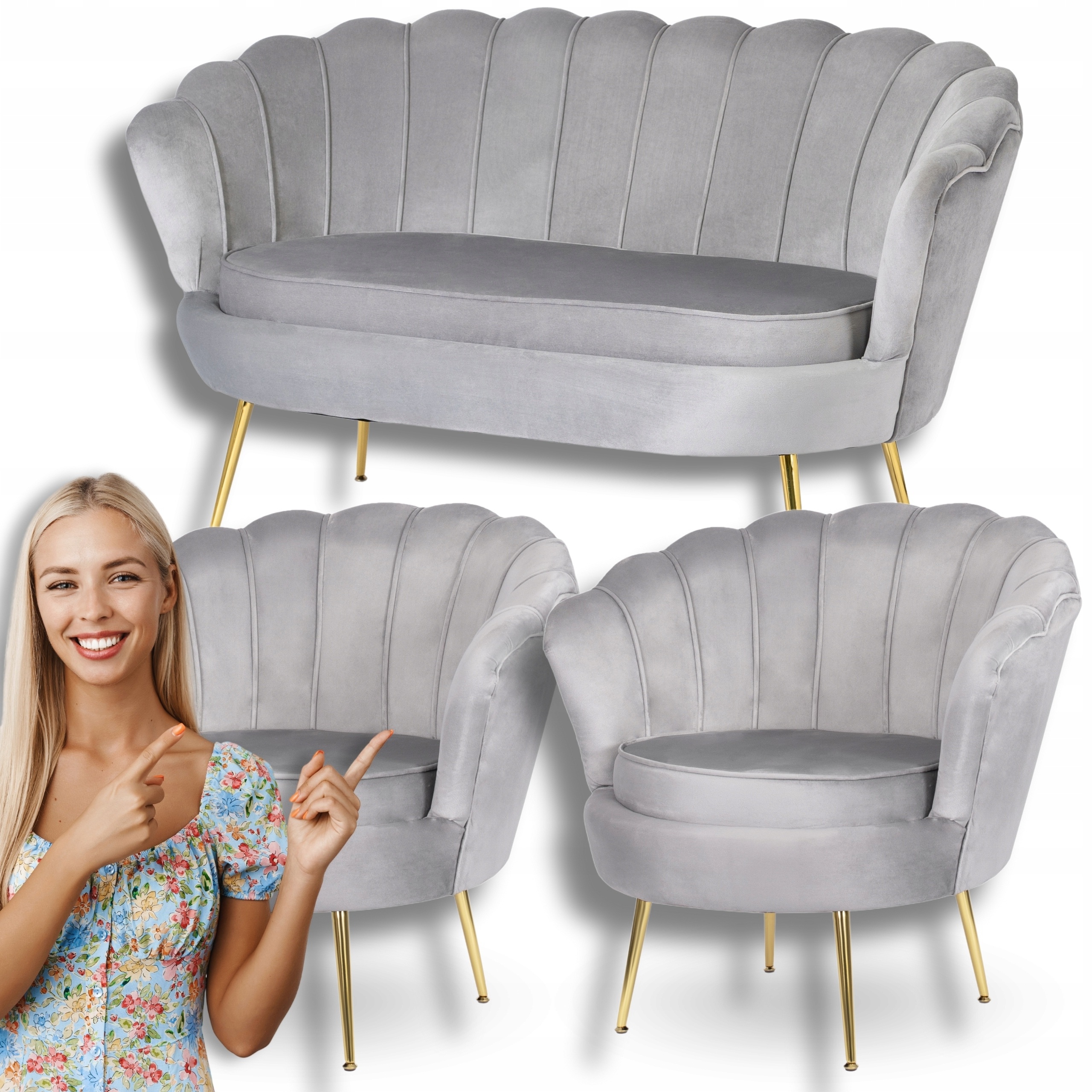 Sada Šedá pohovka a 2 křesel Muszelka Odpočinková Glamour Zlatá