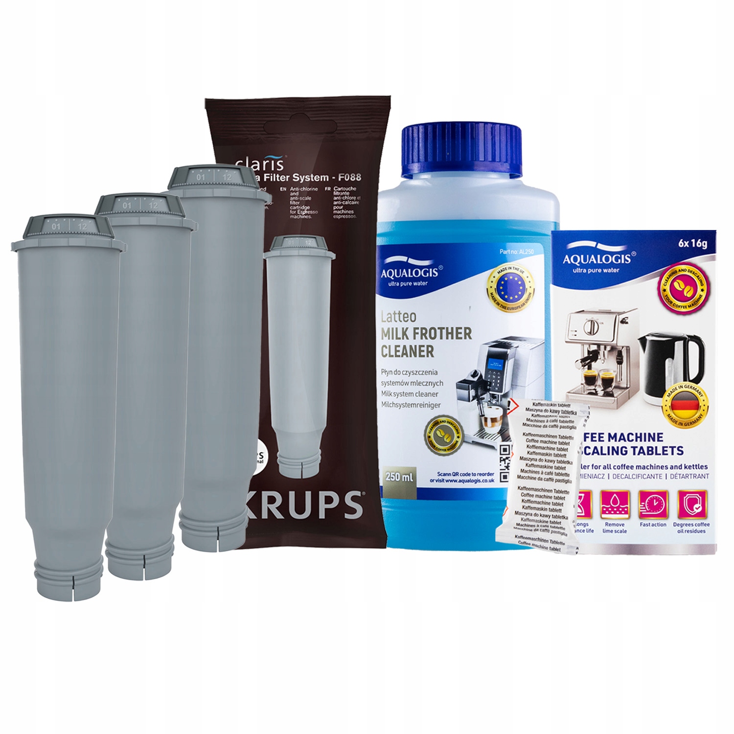 3x Filtr do kávovaru Krups F08801 Tekutina Latteo 250 Odvápňovač Decalc