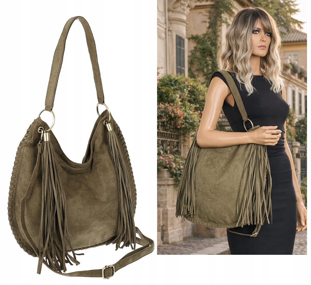 Dámská kabelka taška A4 shopper třásně semiš přes rameno boho 90517 Zelená