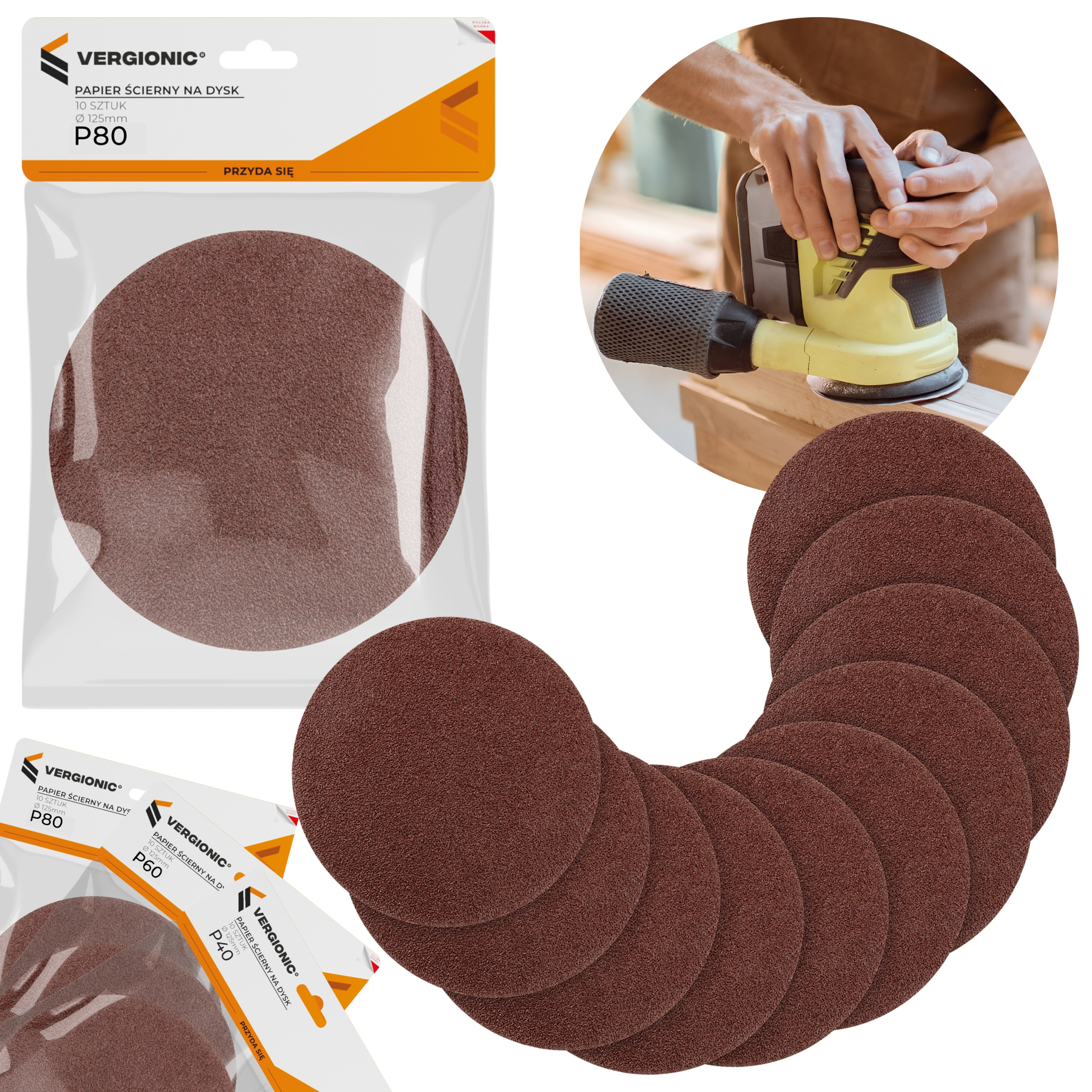 Papier Ścierny Rzep Krążki Ścierne Na Dysk 125 MM P80 Zestaw 10 szt.