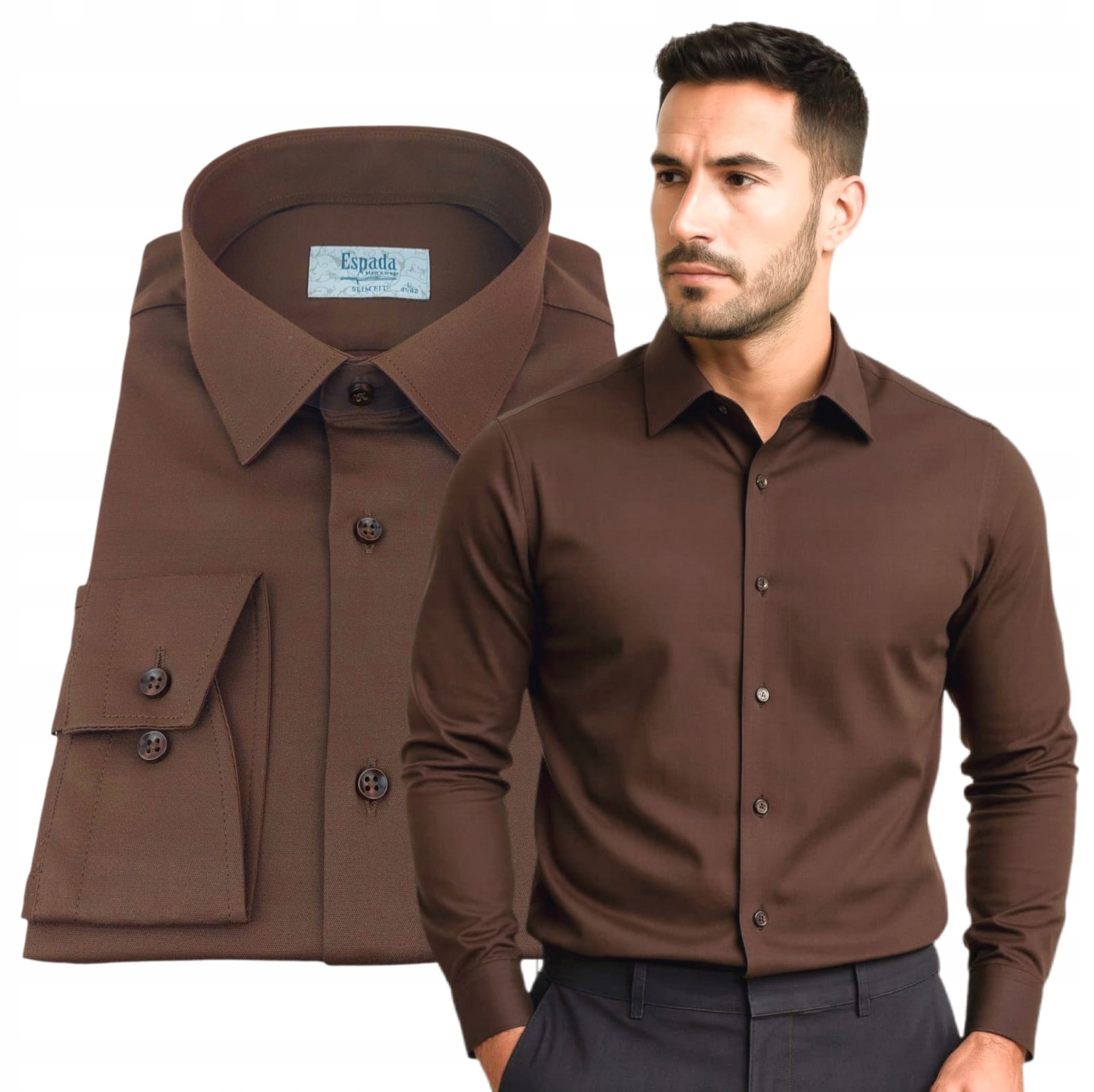 Pánská košile Hnědá Bavlněná Společenská Elegantní Pružná Slim vel. L