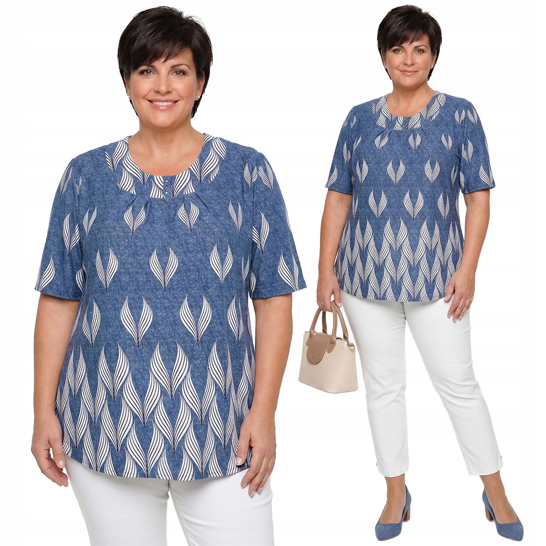 Modrá tunika vzor bílé listy plus size velikost 56/58