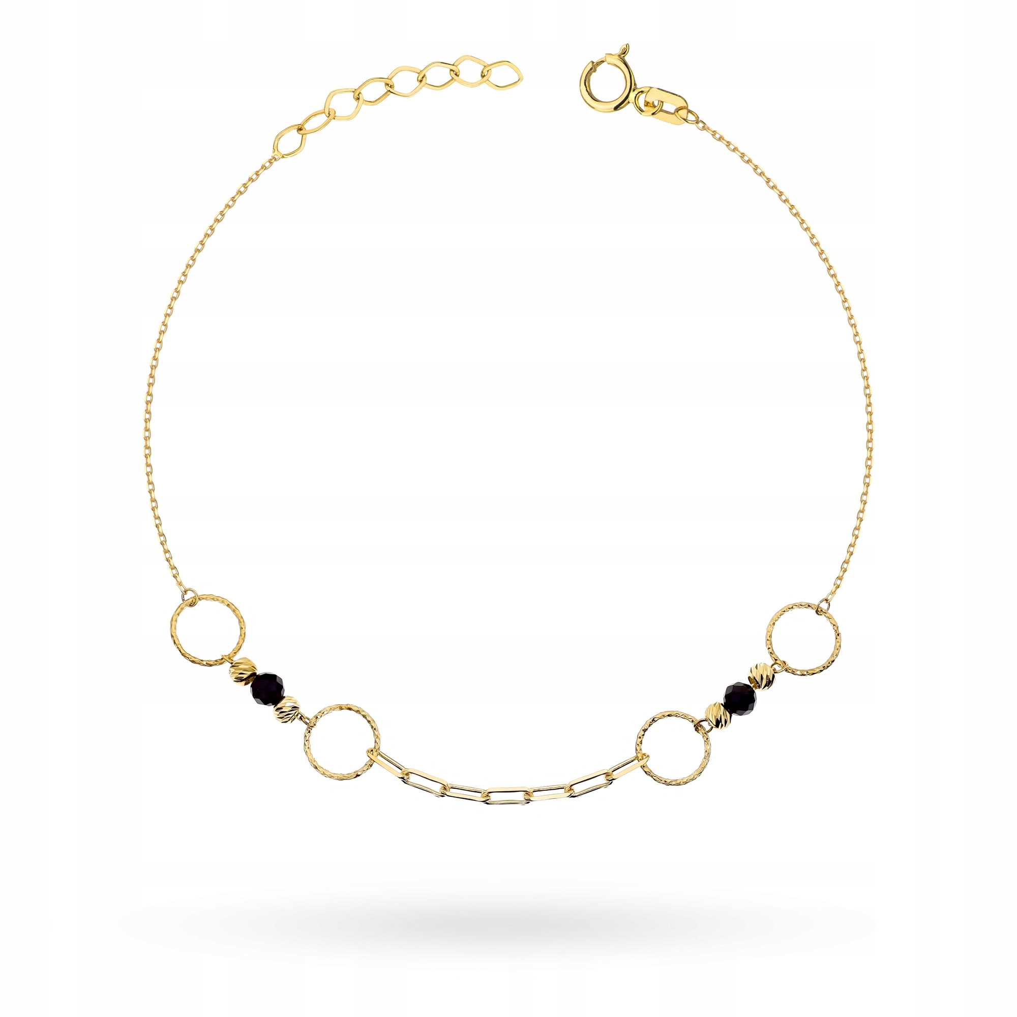 Zlatý Náramek Dámský pr. 585 Ažurová kolečka Kola Černé Korálky 14k