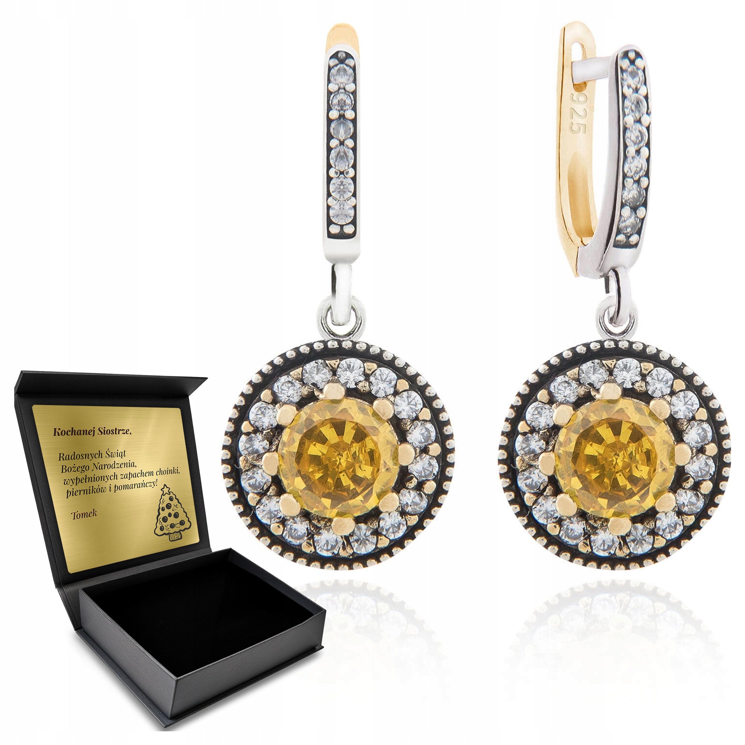 Stříbrné Náušnice 925 Se Zirkony A Citronem pro ženy Gravírování Bonus