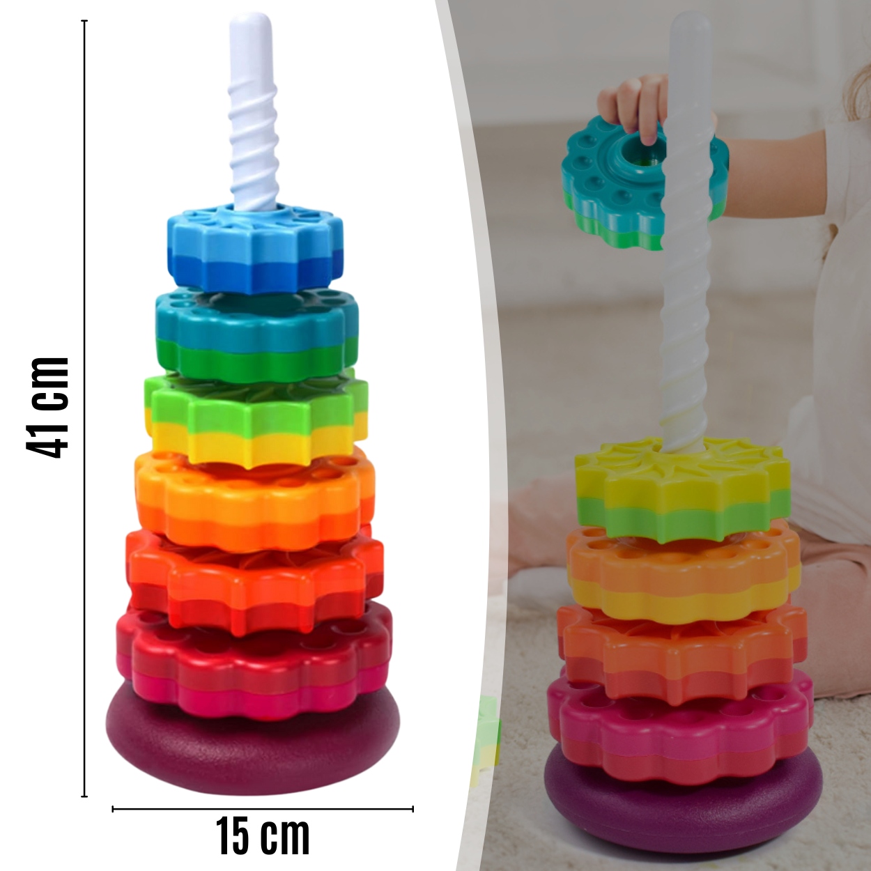 CSAVART TORONY OKTATÓ JÁTÉK SZIVÁRVÁNY PIRAMIS SPIRÁL GYEREKNAP Szín sokszínű