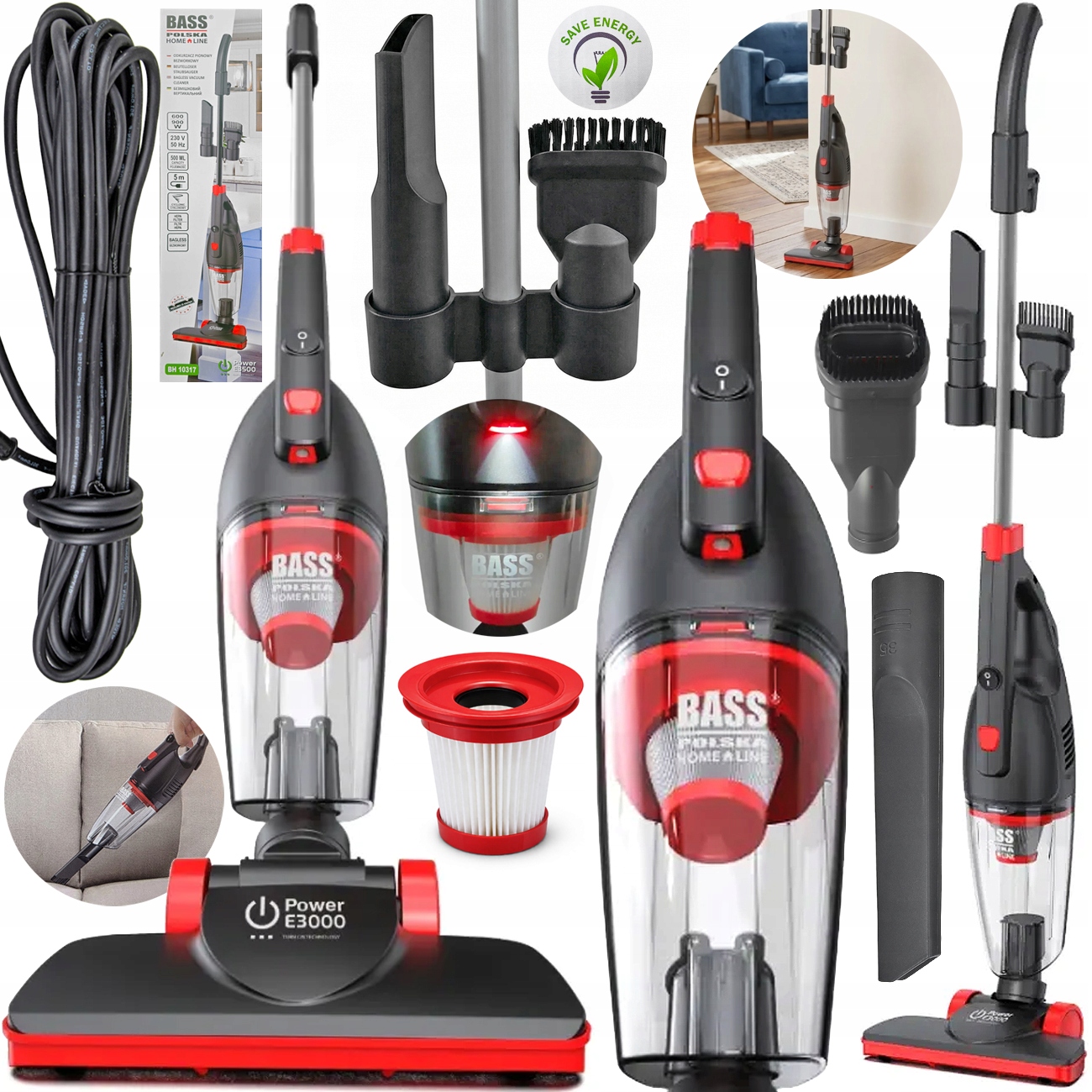 Odkurzacz Pionowy Bezworkowy Elektryczny Lampka Led Długi Przewód 5M 3W1