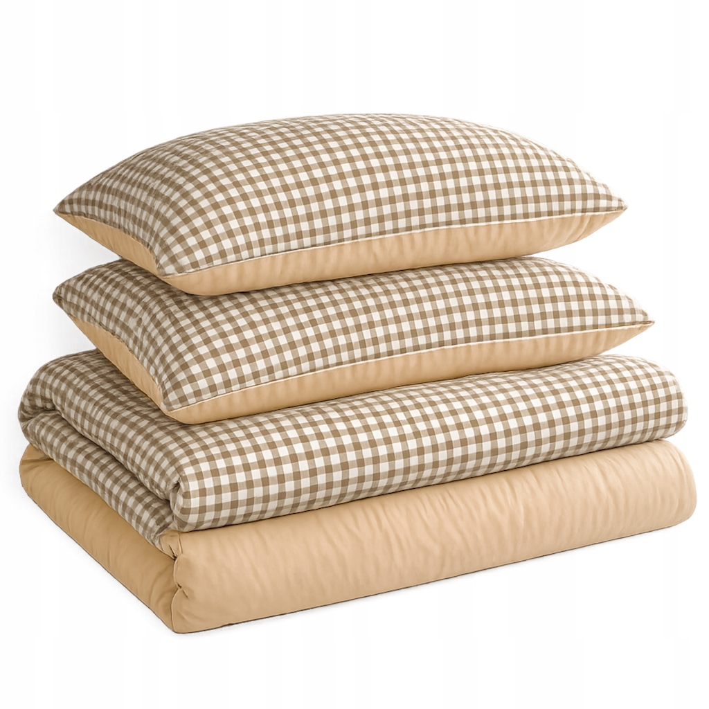 Modna pościel 200x220 zestaw dwustronna biała beżowa w kratę +poszewki