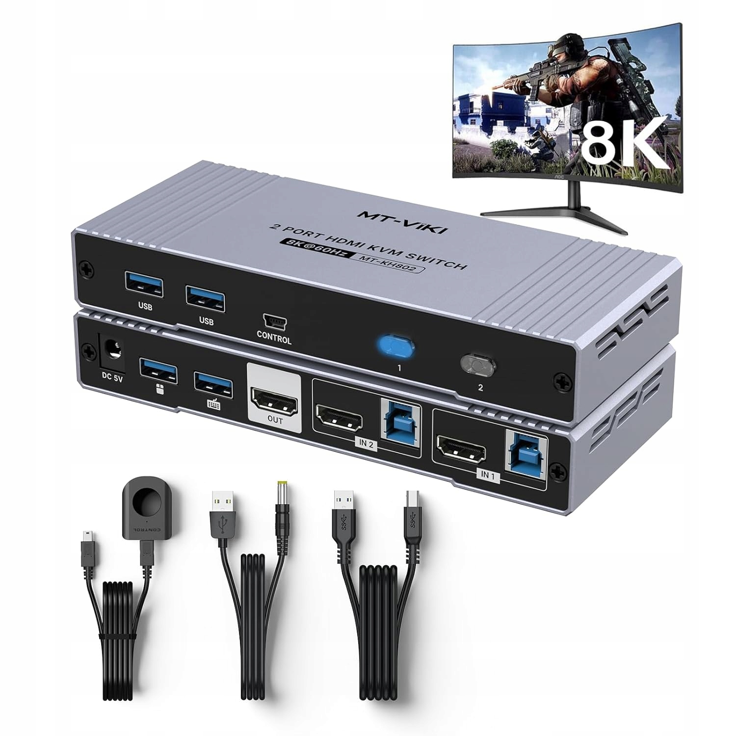 Kvm Switch Mt-viki 2-port Hdmi 2.1 8K@60Hz Usb 3.0 Hdcp 2.3 Hdr s diaľkovým ovládaním