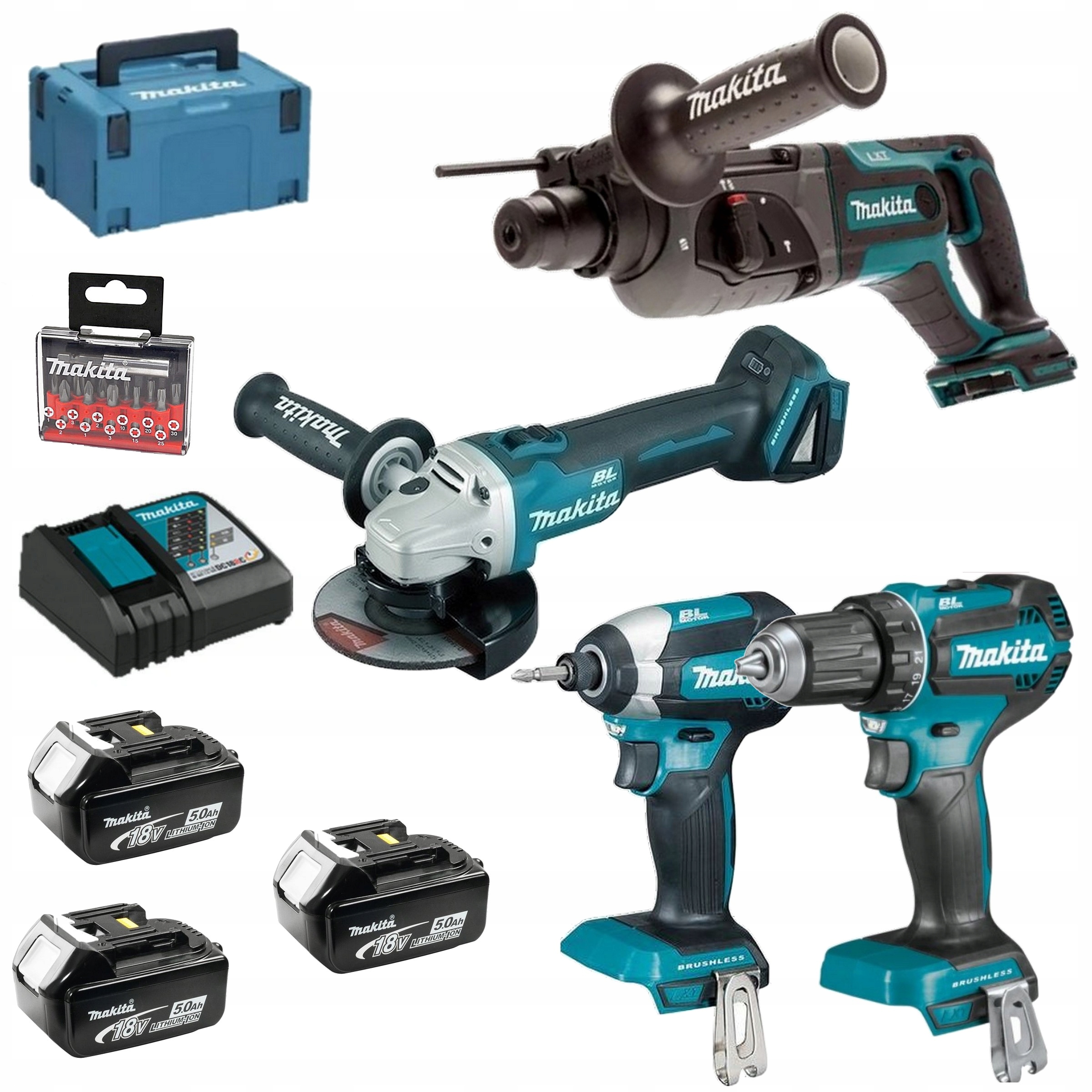 Makita Zestaw 4 szt. Narzędzi Bezszczotkowych 18V 3X5Ah Bity Walizka