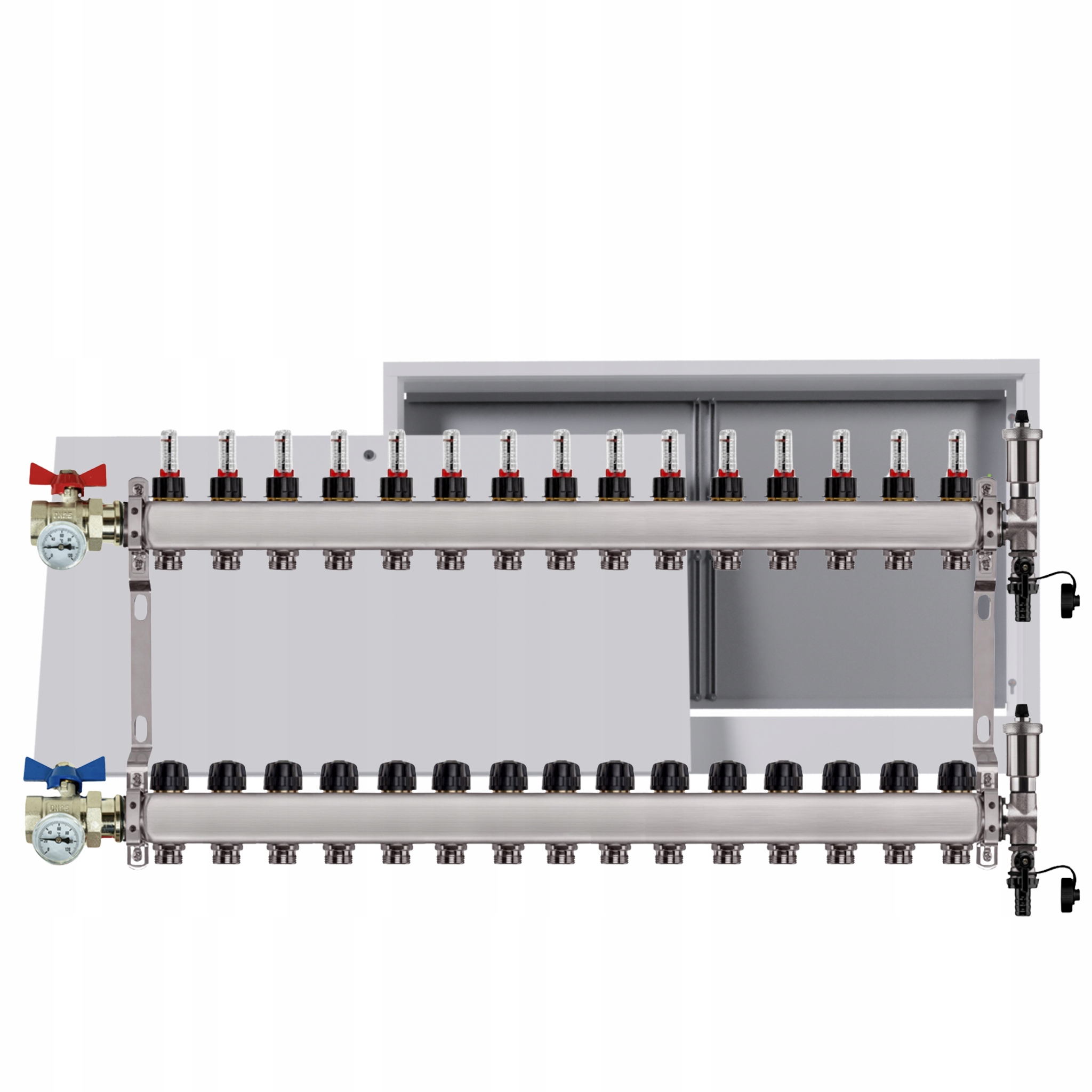 Nerezový rozdělovač podlahových krytin 15 okruhů nástěnná skříňka ventily