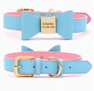 Levně Obojek pro psa kočku Mašle Gravírování Jméno Telefonní číslo S Modrá