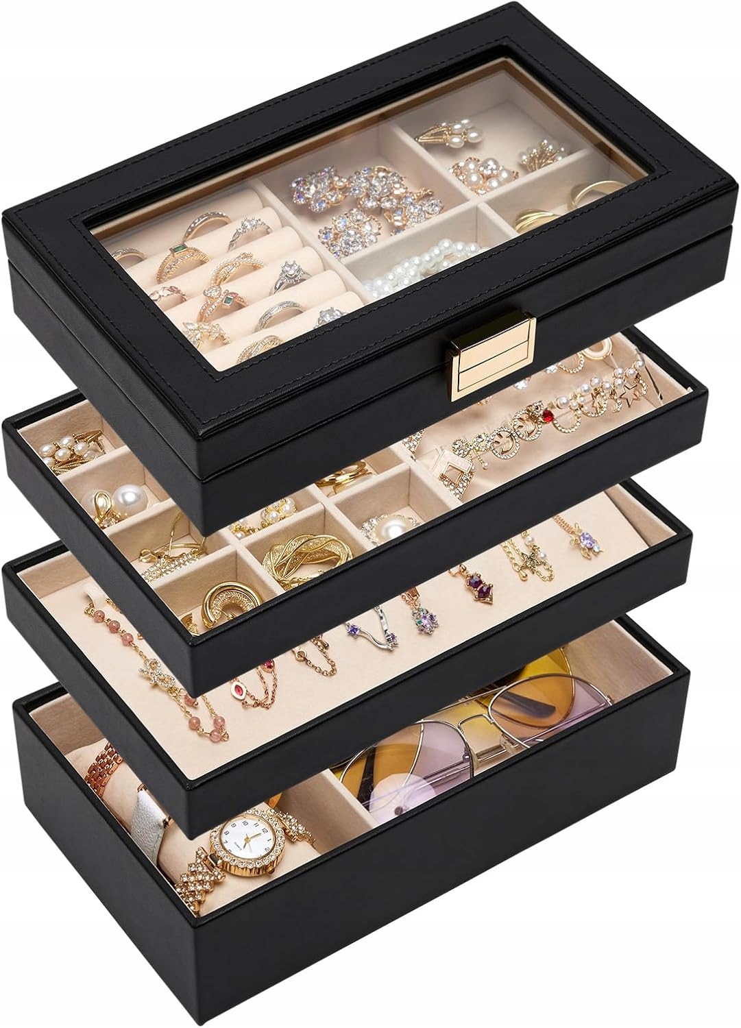 Seelux Stohovatelná šperkovnice na bižuterii se skleněným víkem, černá