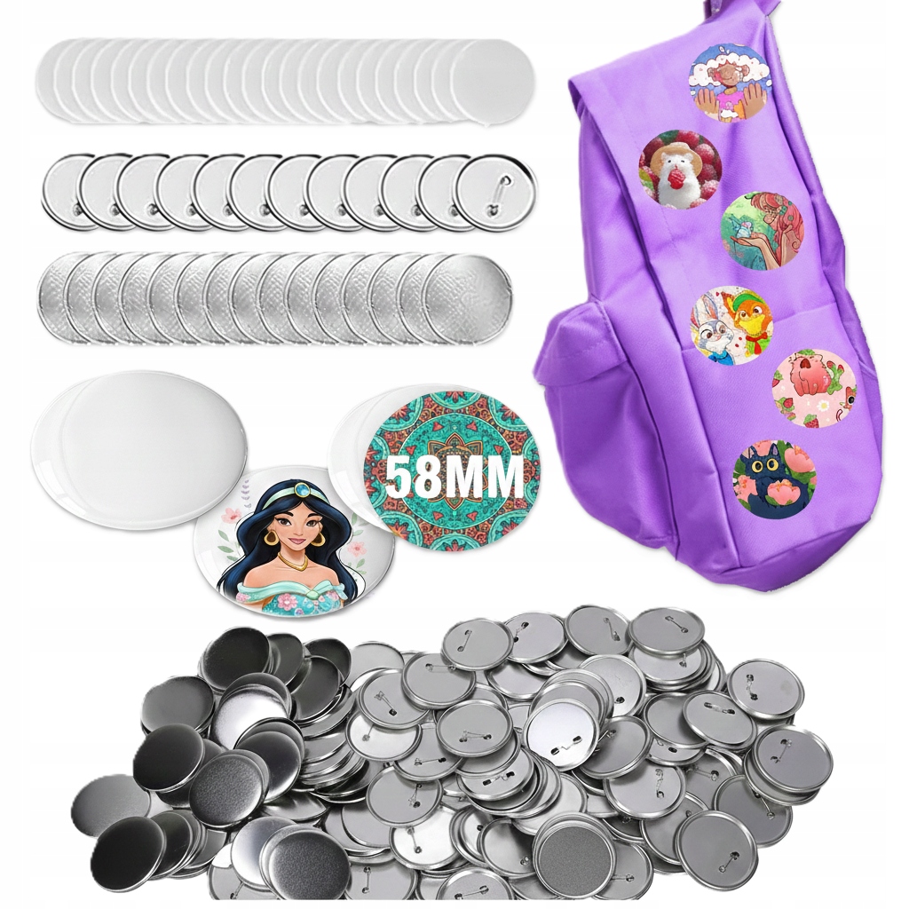 METALOWE KOMPONENTY DO PRZYPINEK Z AGRAFKĄ FOLIE 100 SZT BUTTON DIY 58MM