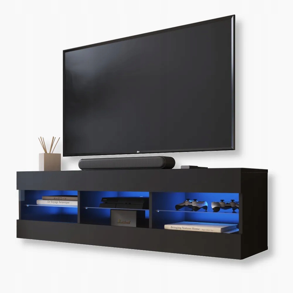 komodee Tivoli Rtv skříňka 140 Černá Skleněné police Modrá Led