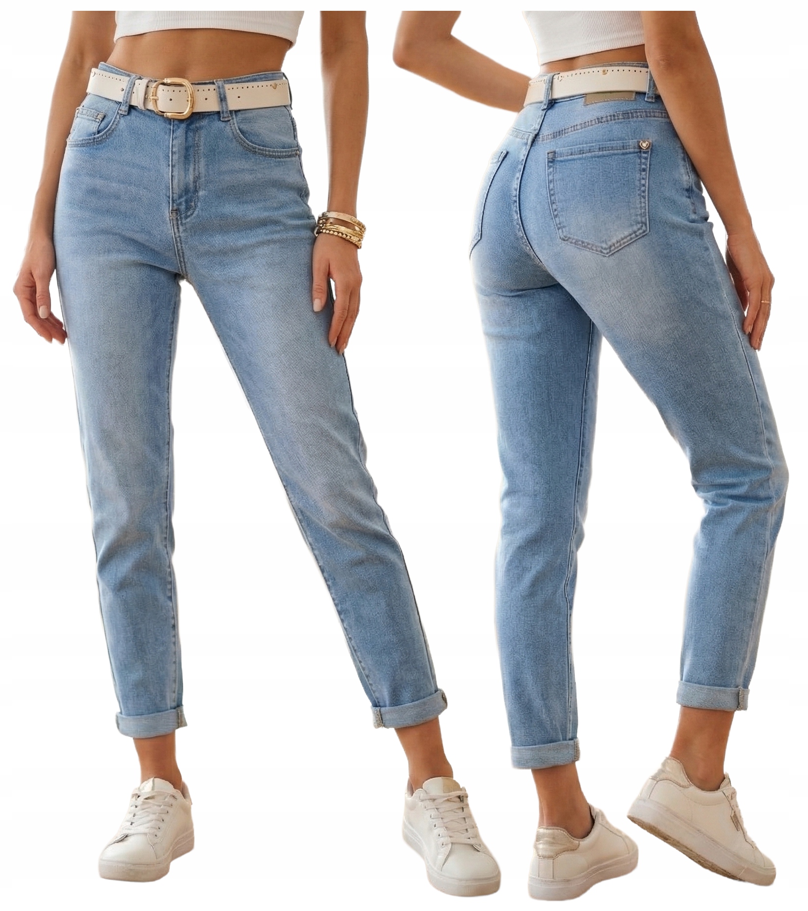 Jeansy Mom Fit Z Paskiem 7/8 Wysoki Stan Modelujące Spodnie Damskie Xs