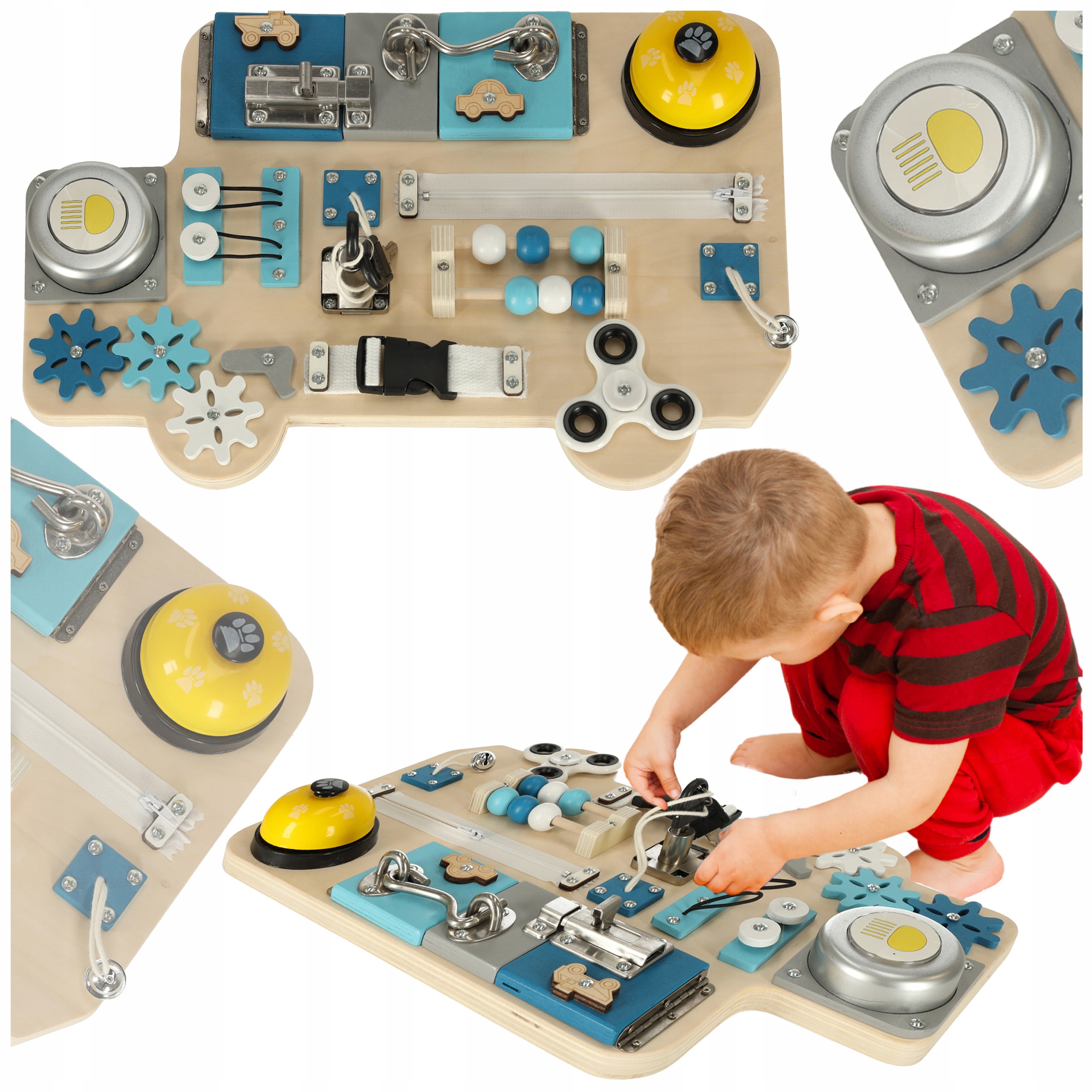

Tablica manipulacyjna drewniana sensoryczna 10w1