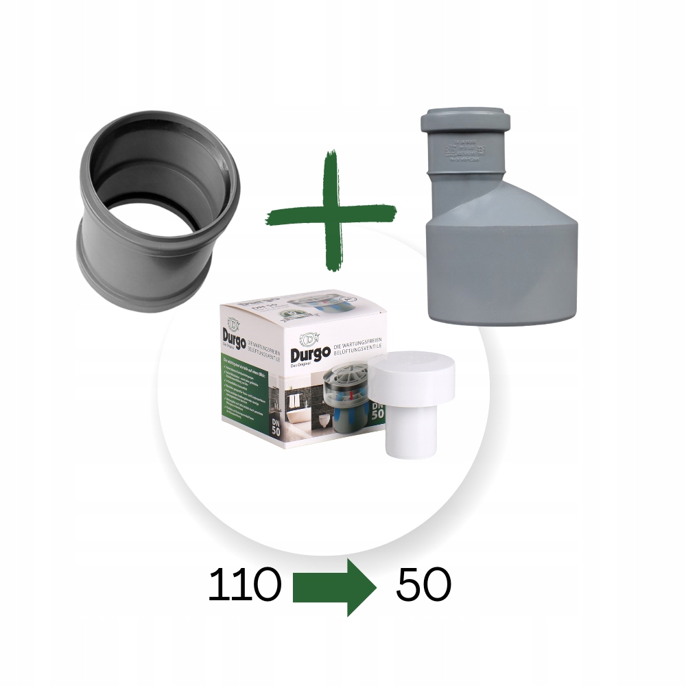 Prevzdušňovač Durgo DN50 a redukcia DN110 pre rúry bez kalicha