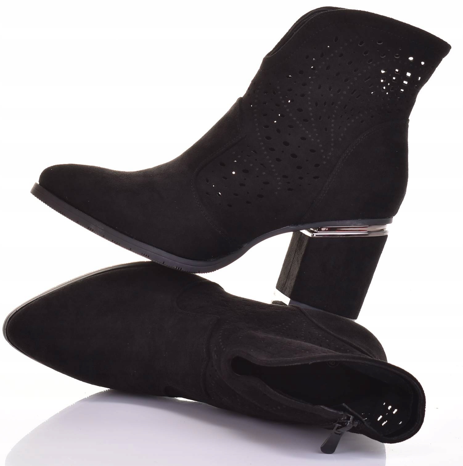 Klasické Dámské Kotníkové Boty Ažurové Na Podpatku, Semišové, Jarní