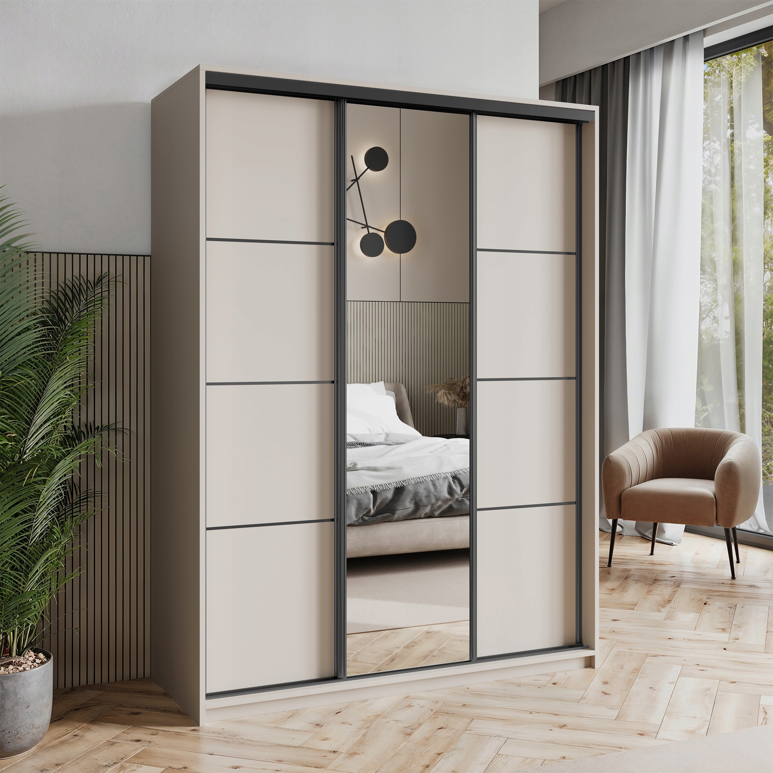 Skříň Třídveřová Varo 150 cm se zrcadlem Zásuvky Kašmír Černá