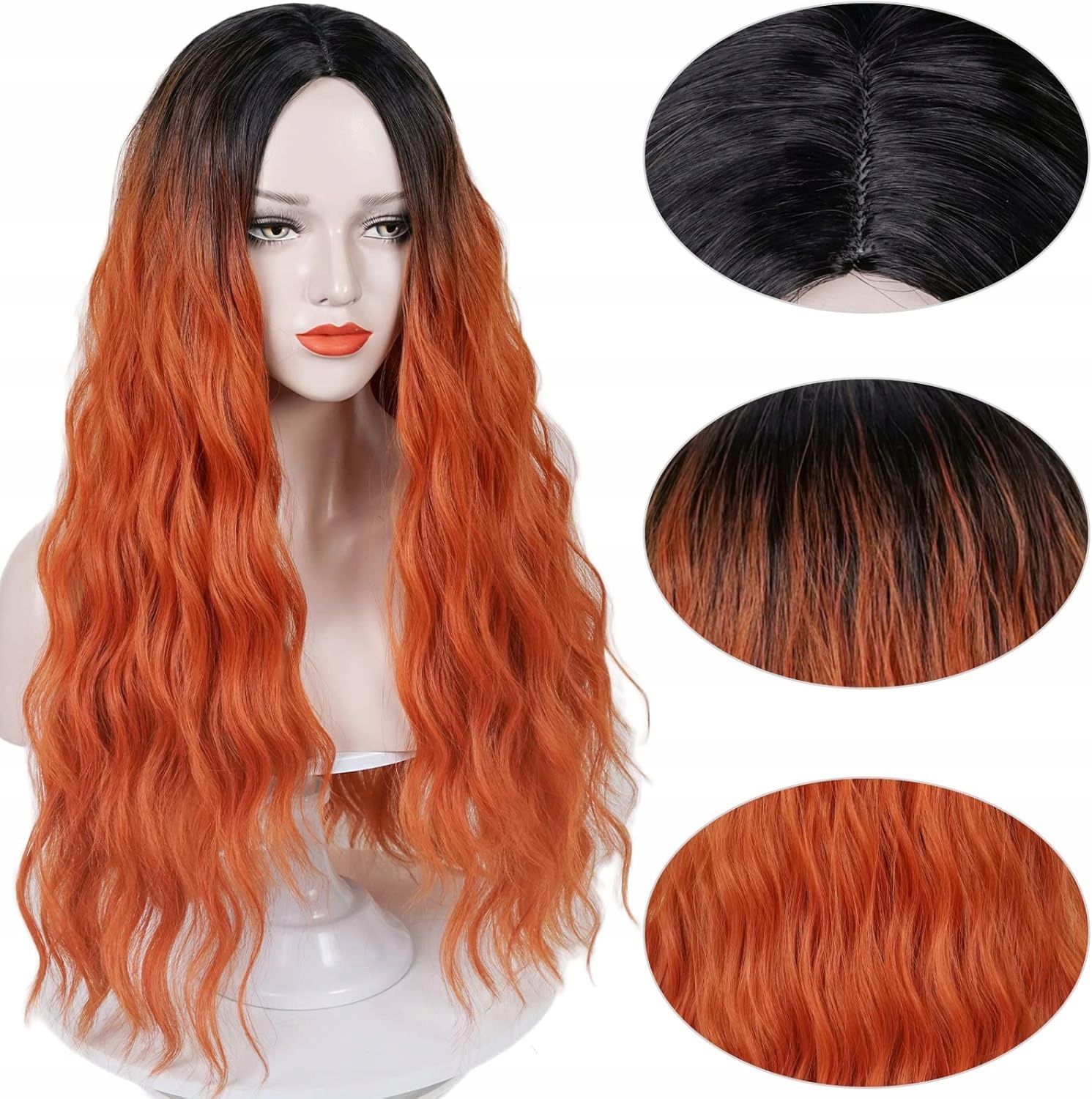 Dámská Paruka Dlouhé Vlny – Černá rezavá Odolná vůči teplu 68 cm čepice
