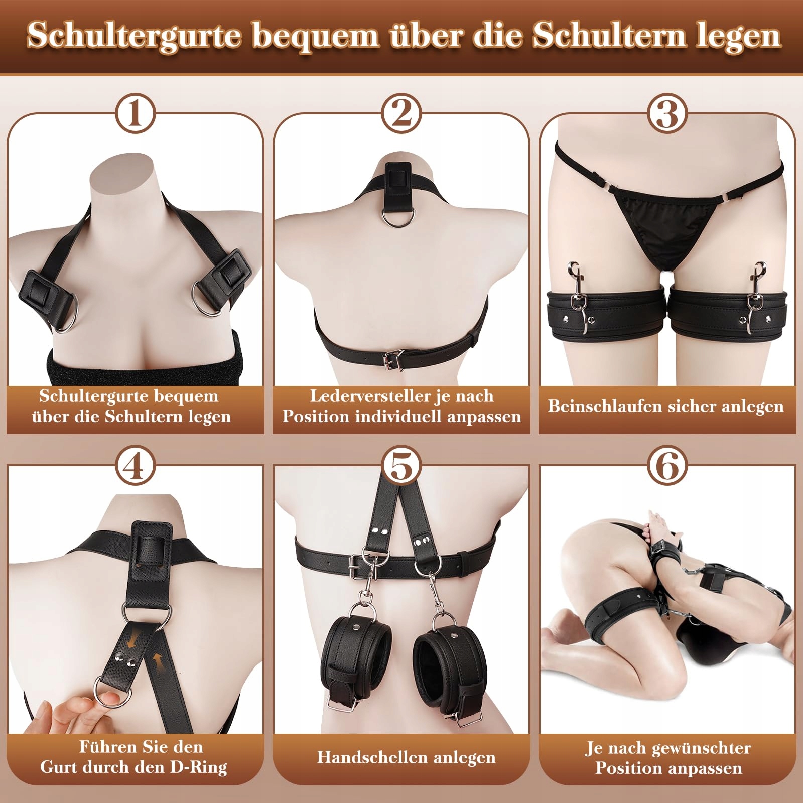 BONDAGE Zestaw Bielizny BDSM Dla Kobiet z Kajdankami Skórzanymi — miniatura 6