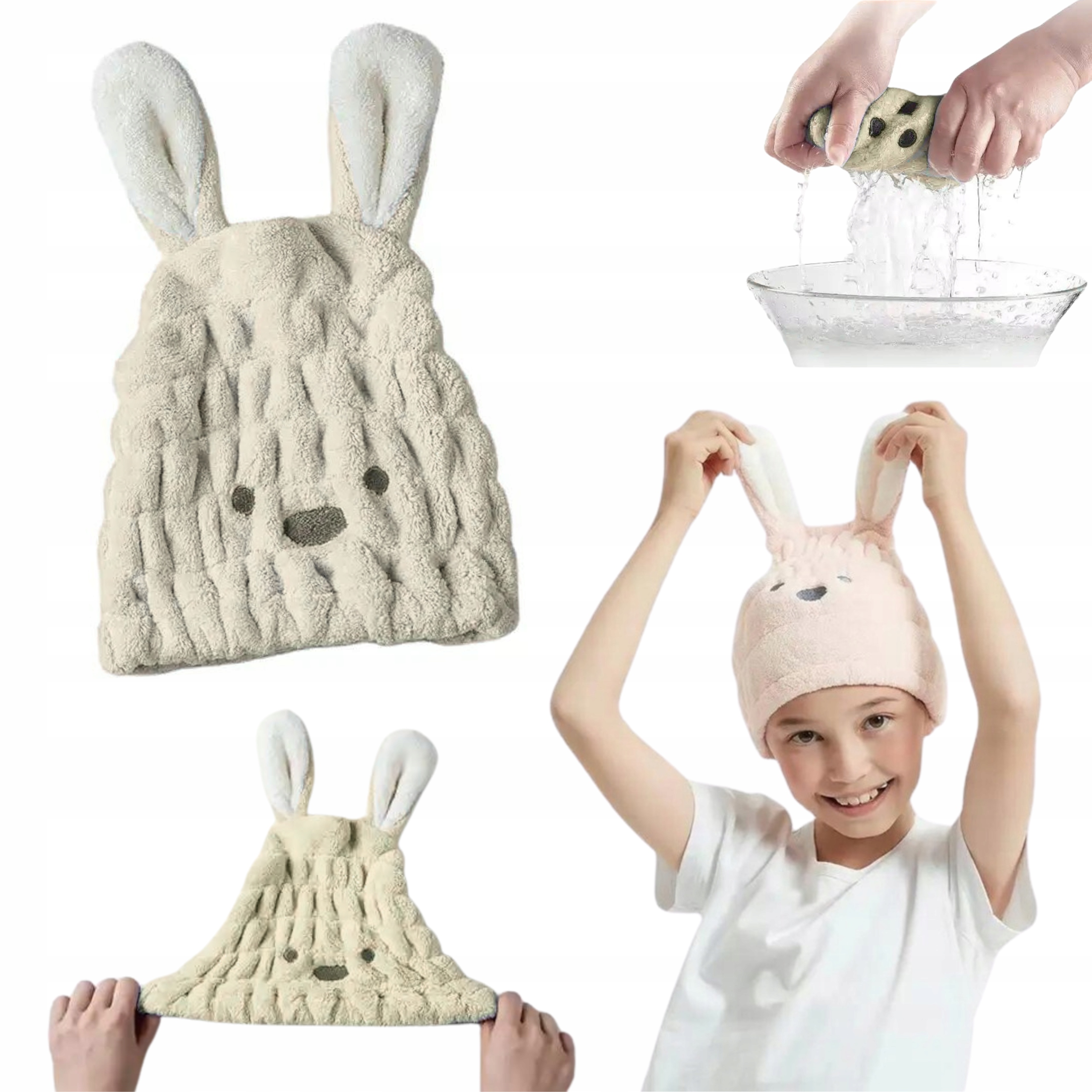 RĘCZNIK DO WŁOSÓW TURBAN MIKROFIBRA SZYBKOSCHNĄCY BIAŁY MIŚ DLA DZIECI