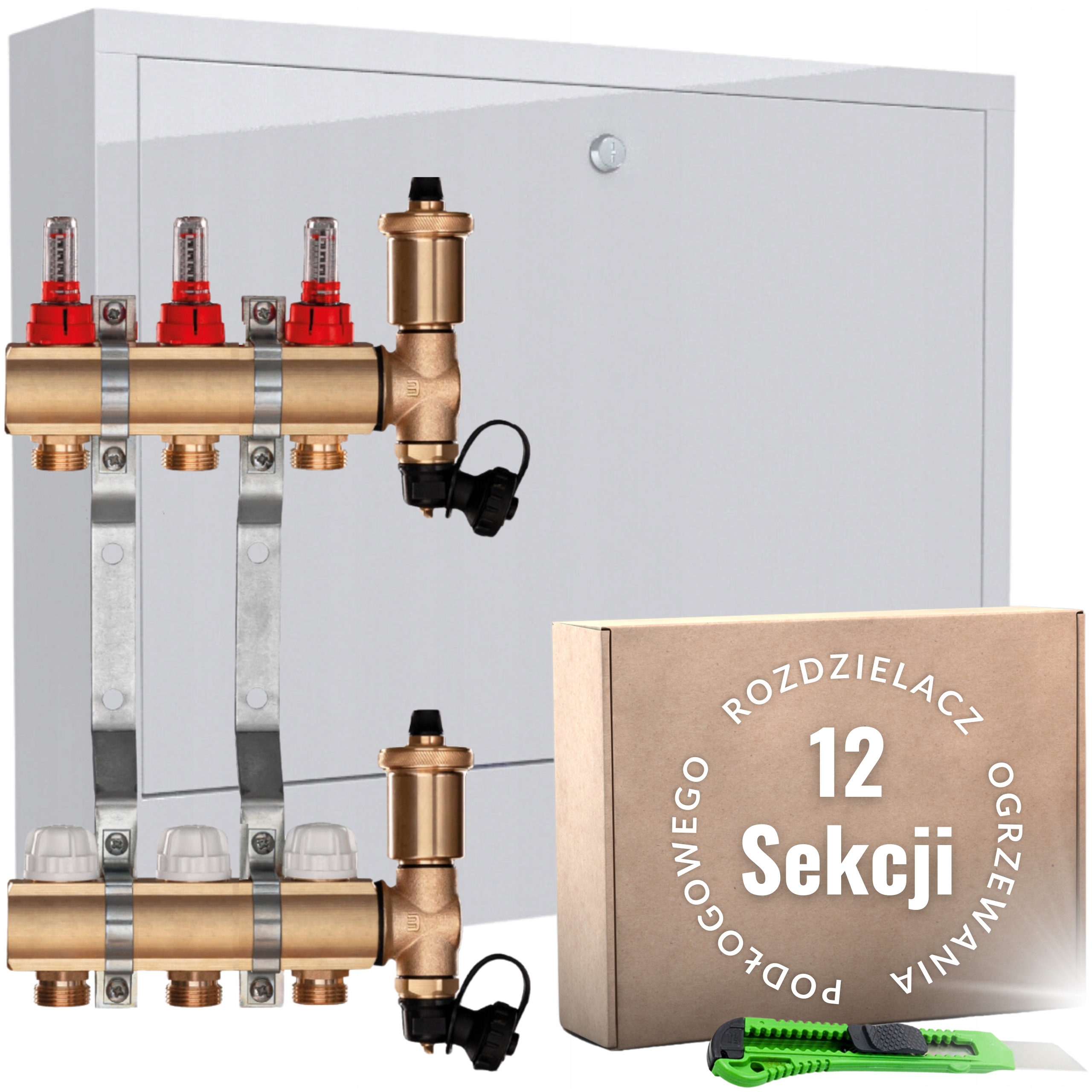 Rozdzielacz mosiężny C.O 12 do podłogówki i SKRZYNKA NATYNKOWA + nóż GRATIS