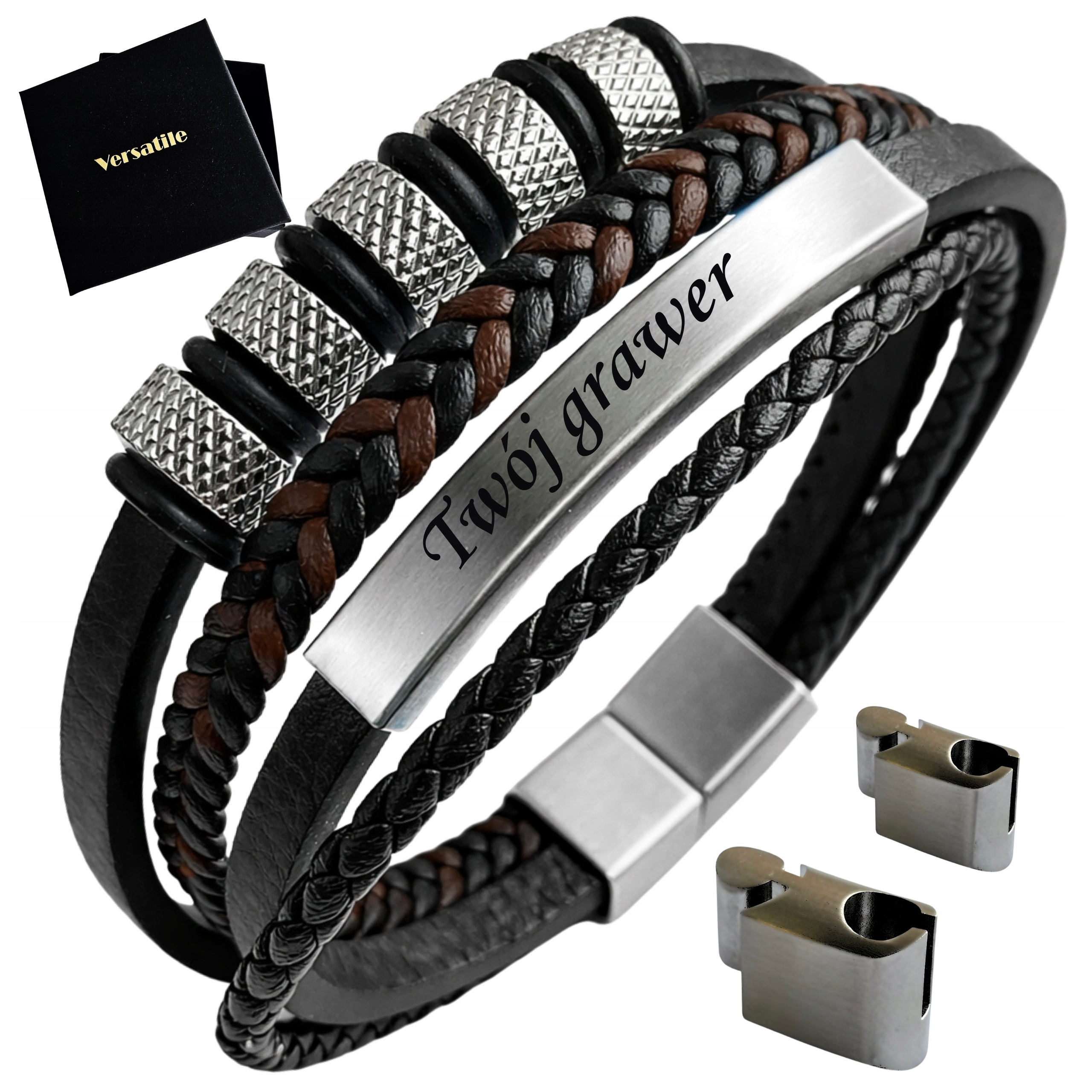 Pánský náramek kožený nastavitelný Stříbrný Gravírování Bonus Versatile