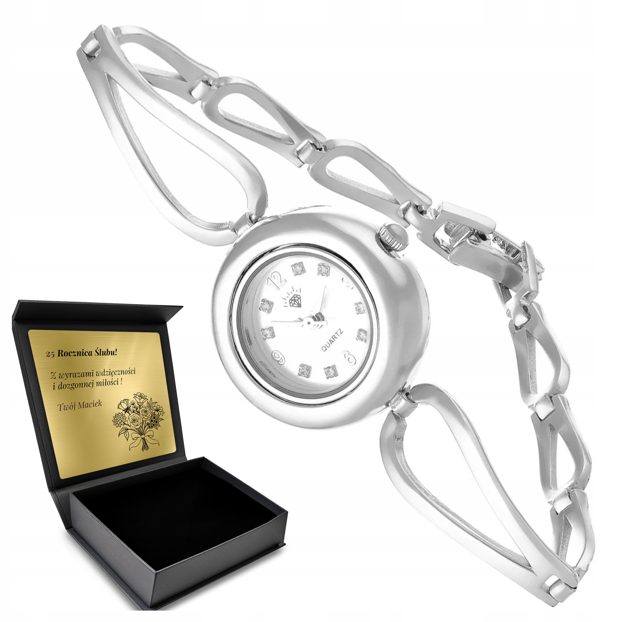 Dámské stříbrné hodinky s náramkem Elegantní analogový ciferník s gravírováním