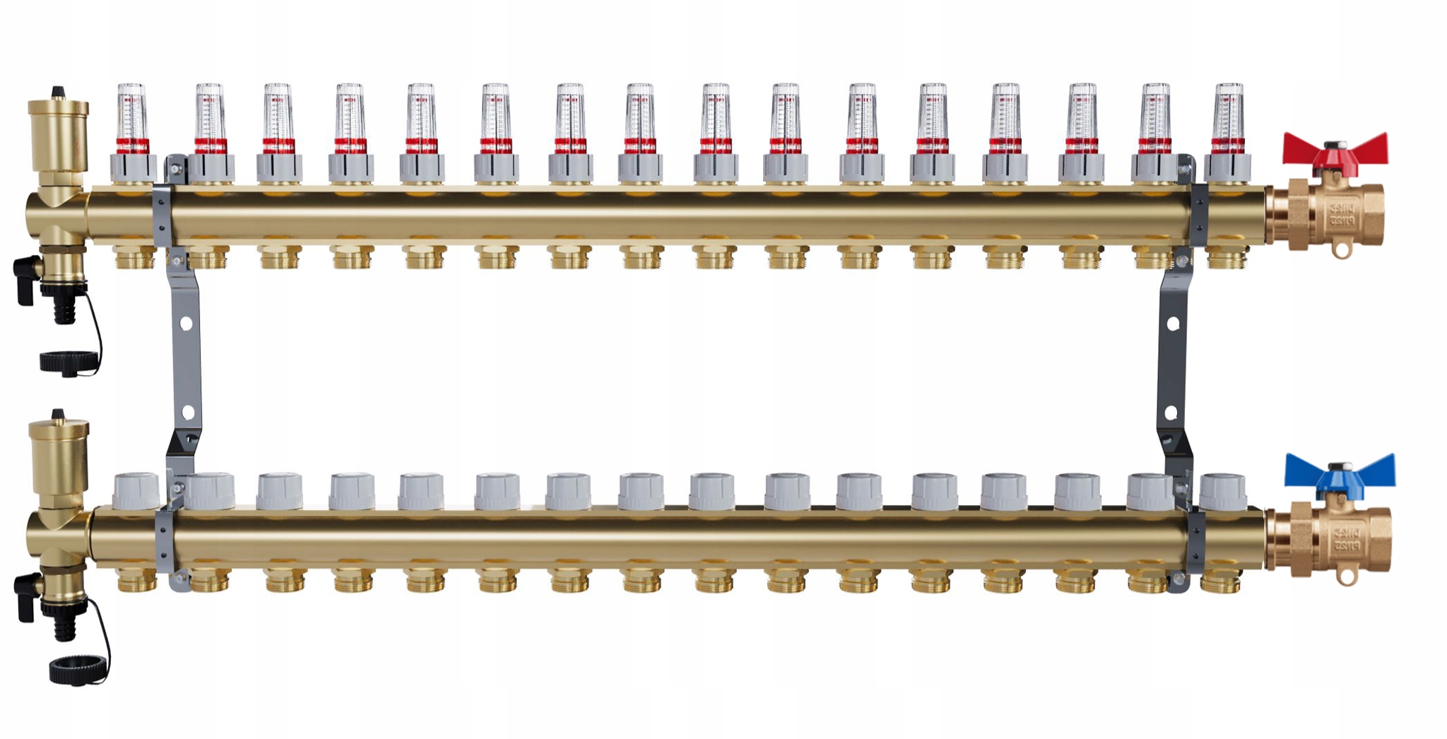 Rozdělovač pro podlahové vytápění – 16 okruhů jednoduché kulové ventily