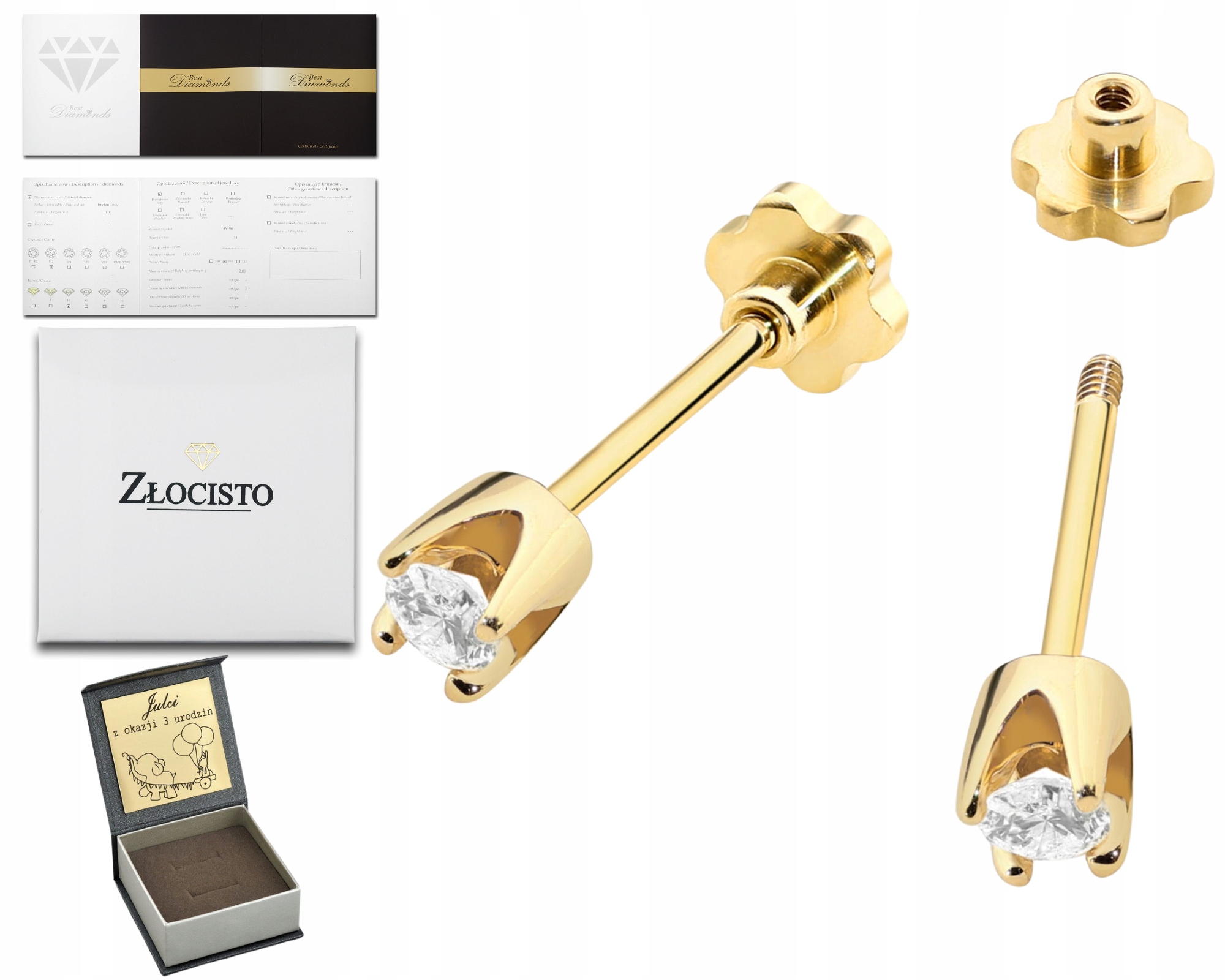Zlaté Náušnice S Diamantem, Šroubovací Pízátek, Gravírování 585 Dárek